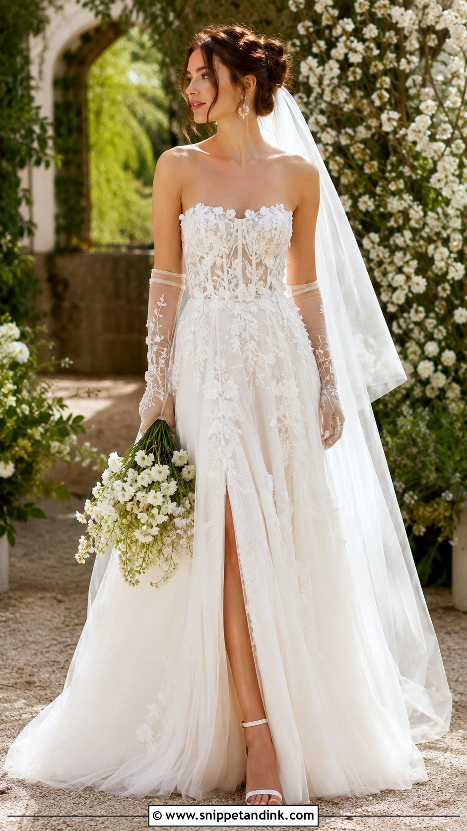 Strapless Floral Wedding Dress With Embroidered Gloves - Snippet and Ink - 20 Strapless Wedding Dress with Gloves Ideas