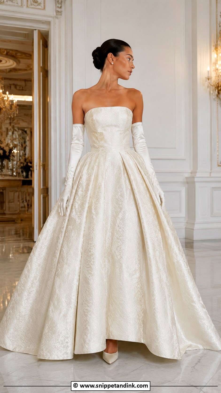 Strapless Jacquard Wedding Dress With Satin Gloves - Snippet and Ink - 25 Jacquard Wedding Dress Ideas