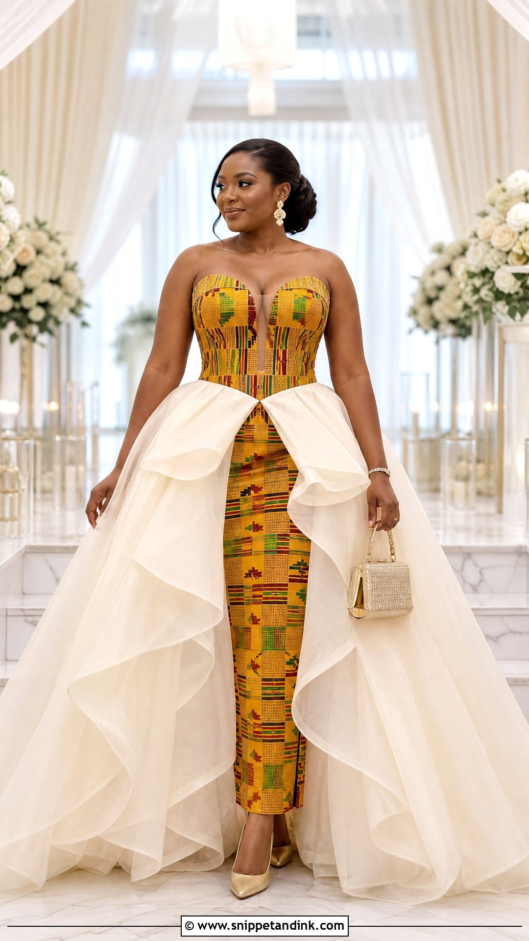Strapless Kente Ghana Wedding Dress With Organza Skirt - Snippet and Ink - 25 Ghana Wedding Dress Ideas