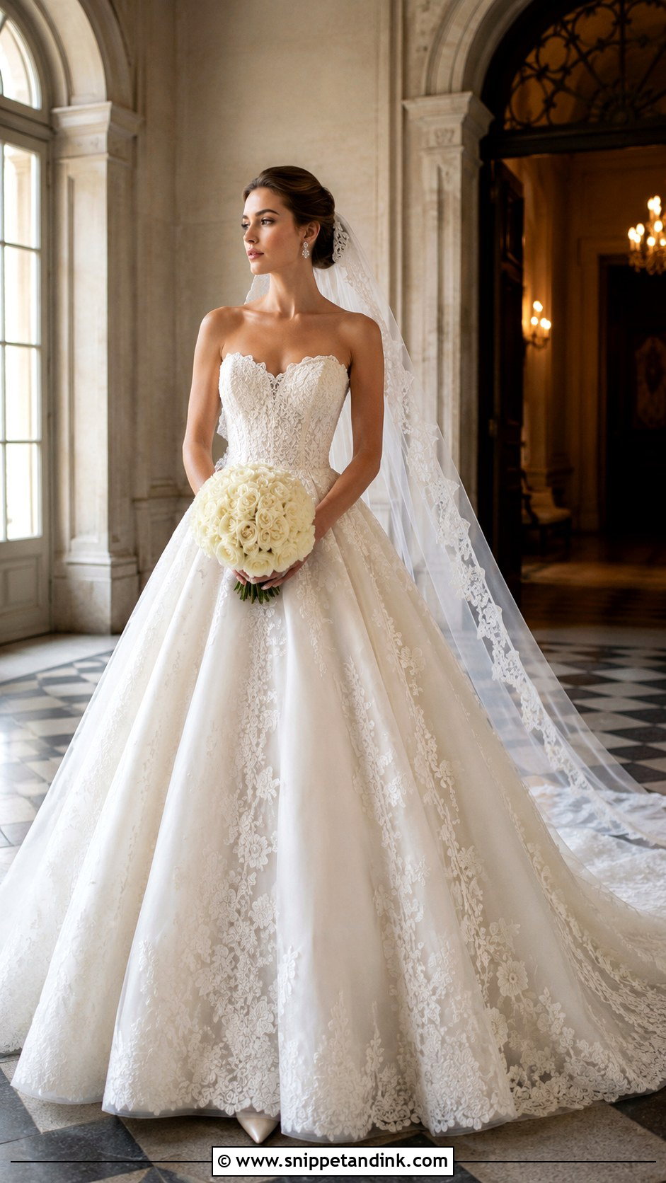 Strapless Lace Applique Basque Waist Ball Gown - Snippet and Ink - 20 David’s Bridal Wedding Dresses