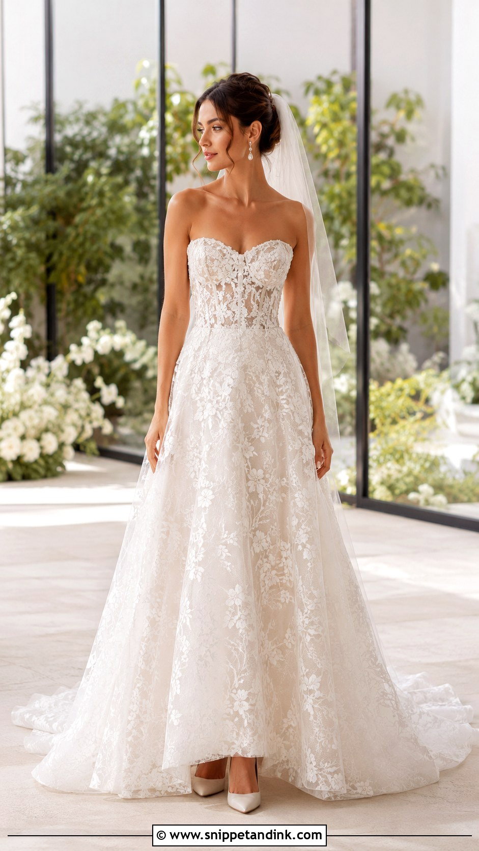 Strapless Lace Wedding Dress With A Line Skirt - Snippet and Ink - 20 Modern Lace Wedding Dress Ideas