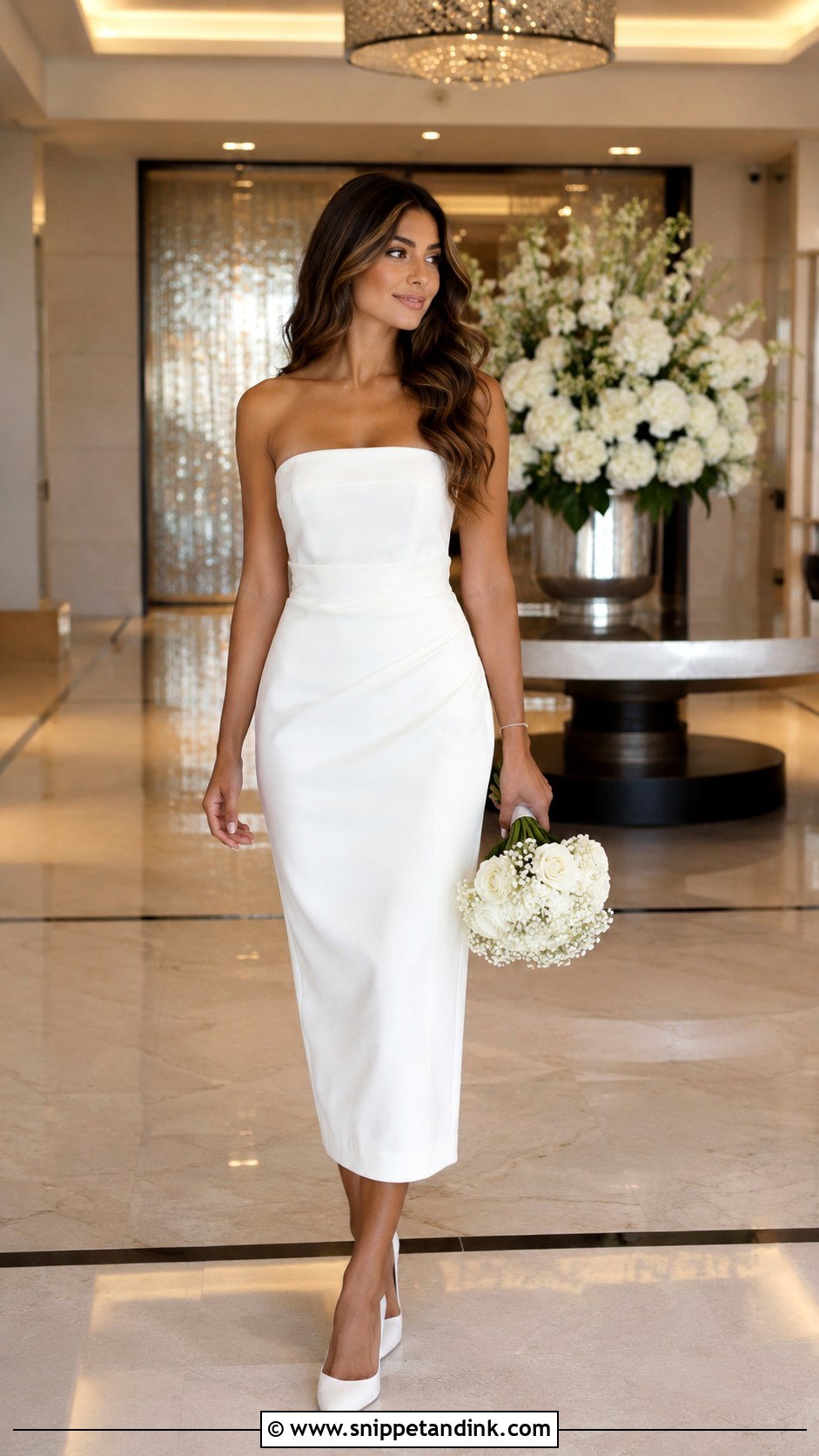 Strapless Midi Dress With Pointed Toe Heels - Snippet and Ink - 30 Vegas Elopement Dress Ideas
