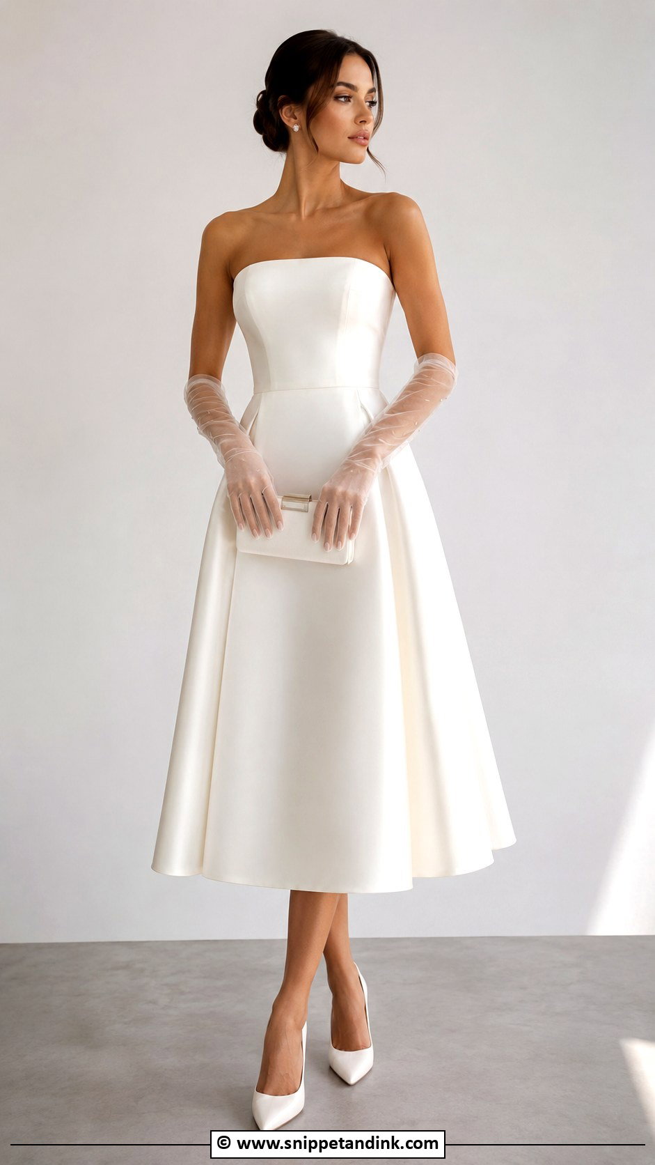 Strapless Midi Wedding Dress With Sheer Gloves - Snippet and Ink - 30 Midi Wedding Dress Ideas