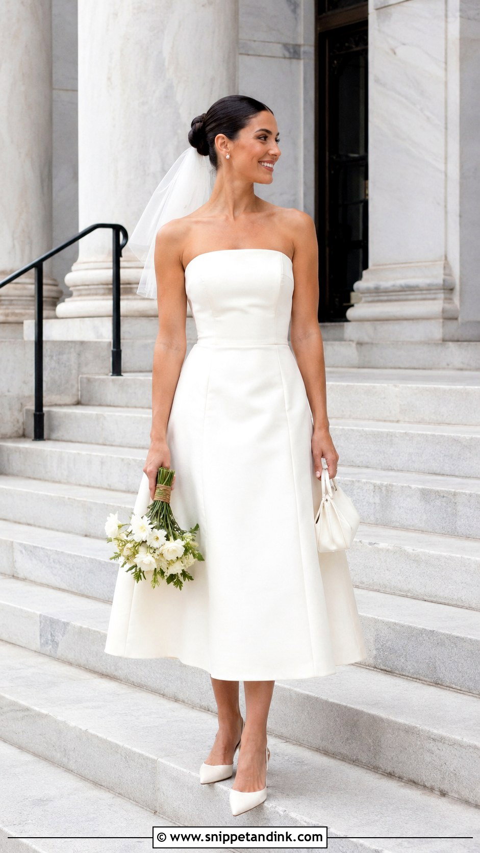 Strapless Midi Wedding Dress With Slingback Heels - Snippet and Ink - 20 Very Simple Wedding Dress Ideas