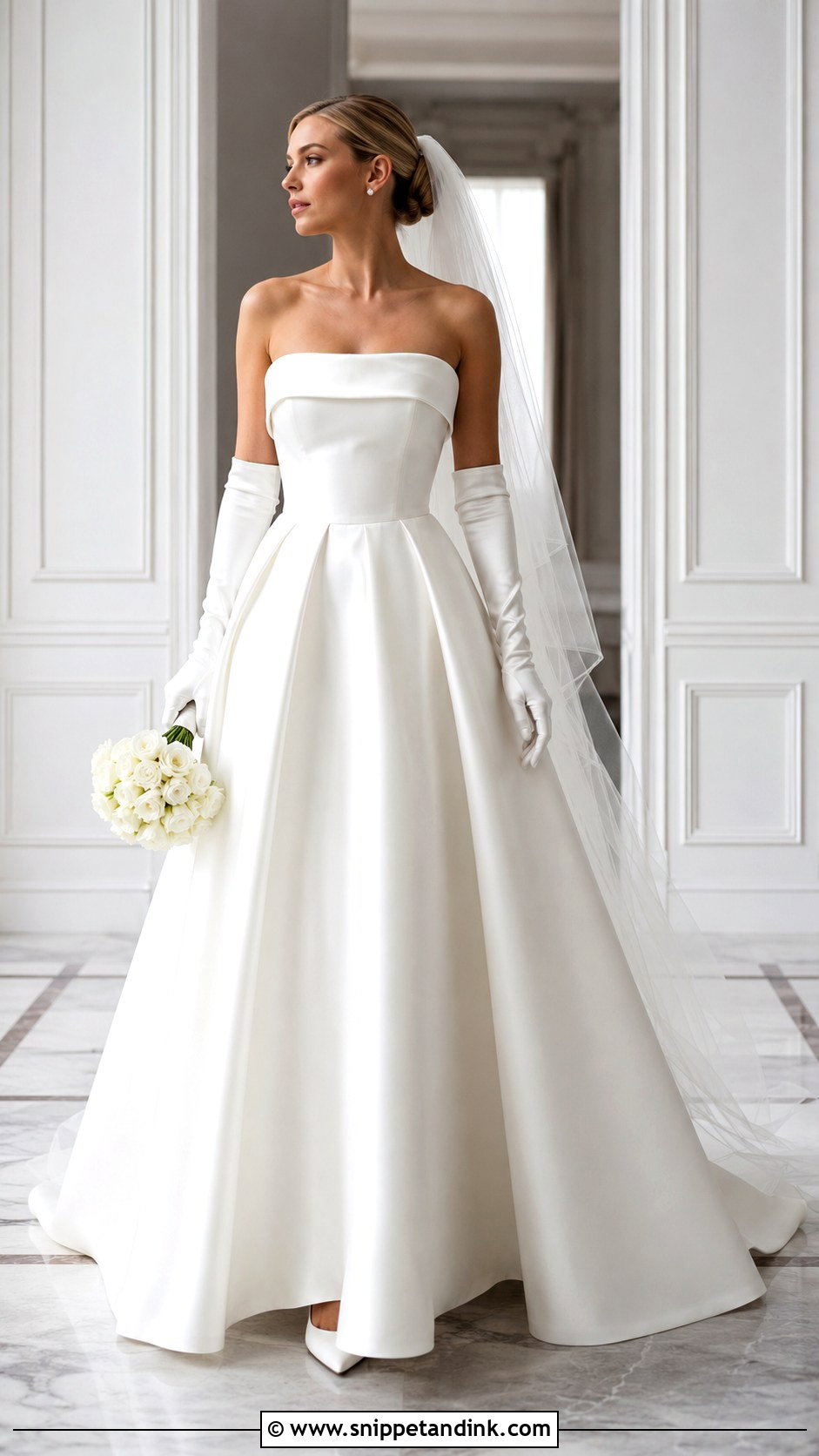 Strapless Mikado Wedding Dress With Elbow Gloves - Snippet and Ink - 20 Strapless Wedding Dress with Gloves Ideas