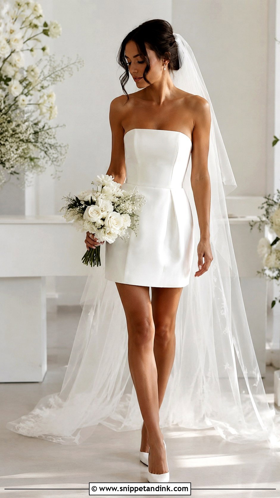 Strapless Mini Wedding Dress With Long Veil - Snippet and Ink - 25 Small Wedding Dress Ideas