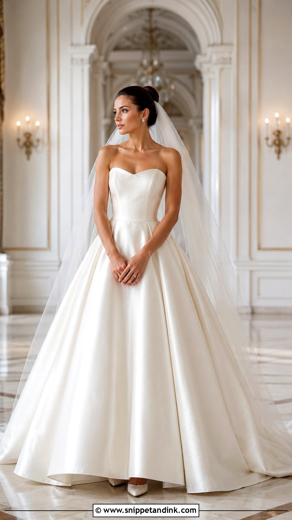 Strapless Satin Ball Gown With Long Veil - Snippet and Ink - 20 Classy Elegant Satin Wedding Dress Ideas