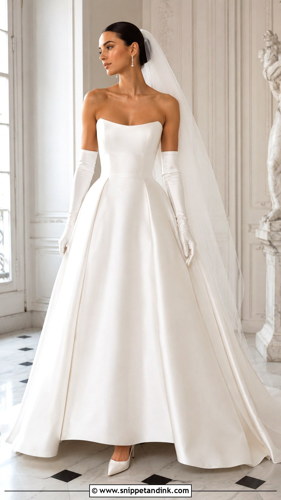 Strapless Satin Ball Gown With Opera Gloves - Snippet and Ink - 20 Strapless Wedding Dress with Gloves Ideas