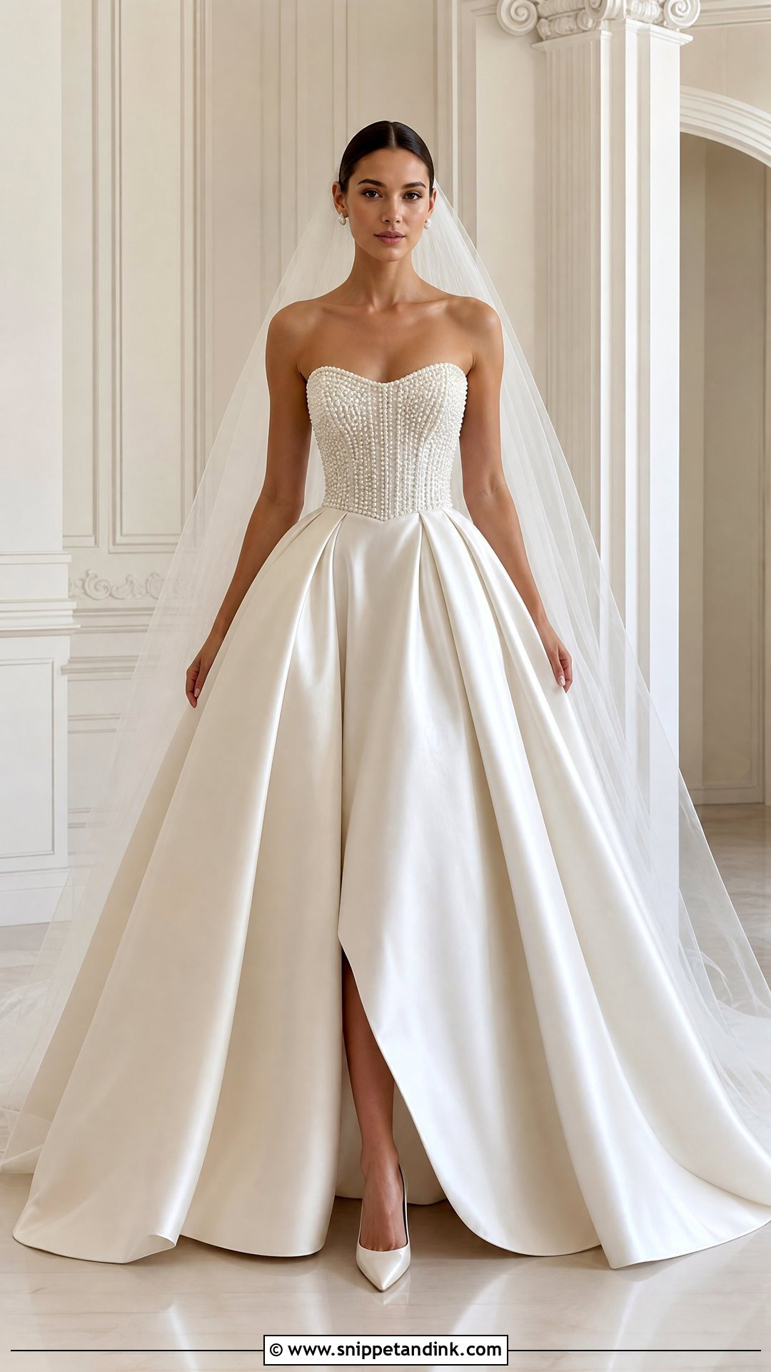 Strapless Satin Ball Gown With Pearl Bodice - Snippet and Ink - 20 Satin and Pearl Wedding Dress Ideas