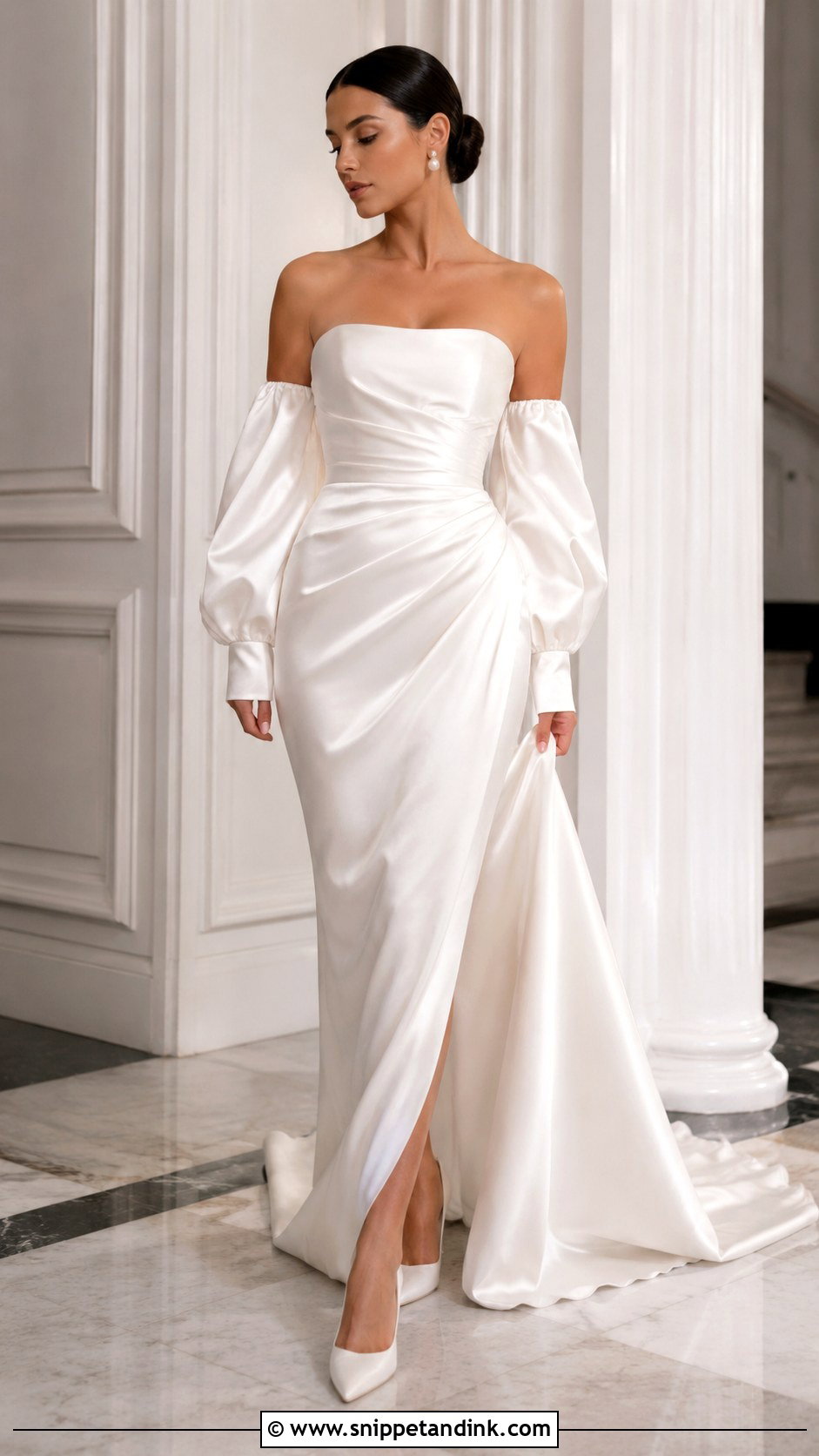 Strapless Satin Detachable Sleeves Wedding Dress - Snippet and Ink - 25 Detachable Sleeves Wedding Dress