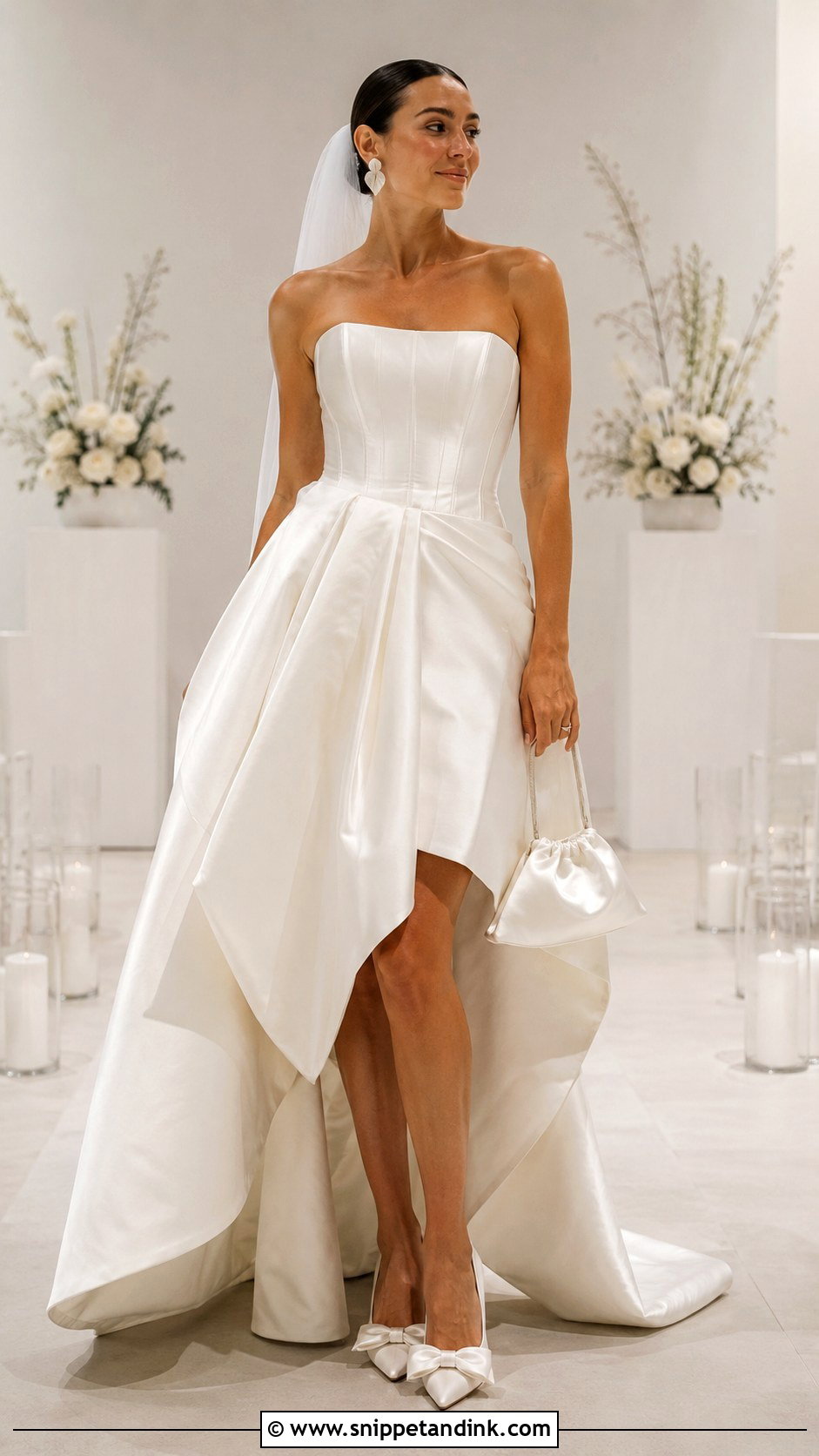 Strapless Satin Hi Low Wedding Dress With Bow Heels - Snippet and Ink - 20 Hi Low Wedding Dress Ideas