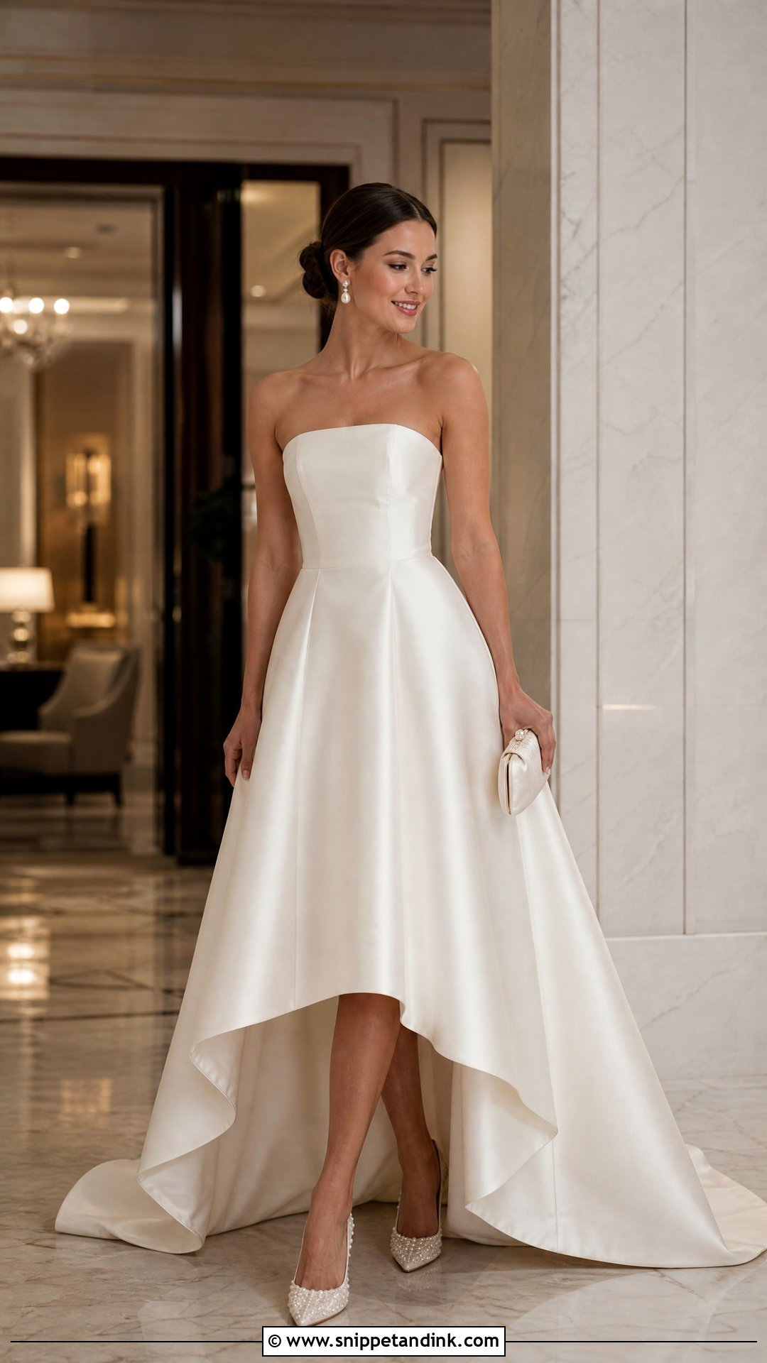 Strapless Satin High Low Wedding Dress With Pearl Heels - Snippet and Ink - 20 High Low Wedding Dresses