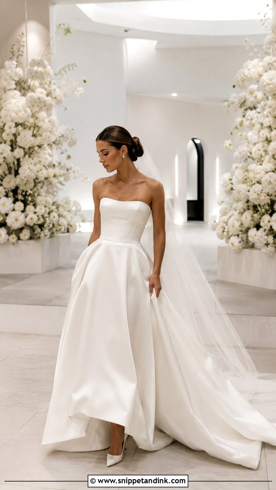 Strapless Satin KYHA Wedding Dress With Cathedral Veil - Snippet and Ink - 20 Khya Studios Wedding Dress Ideas