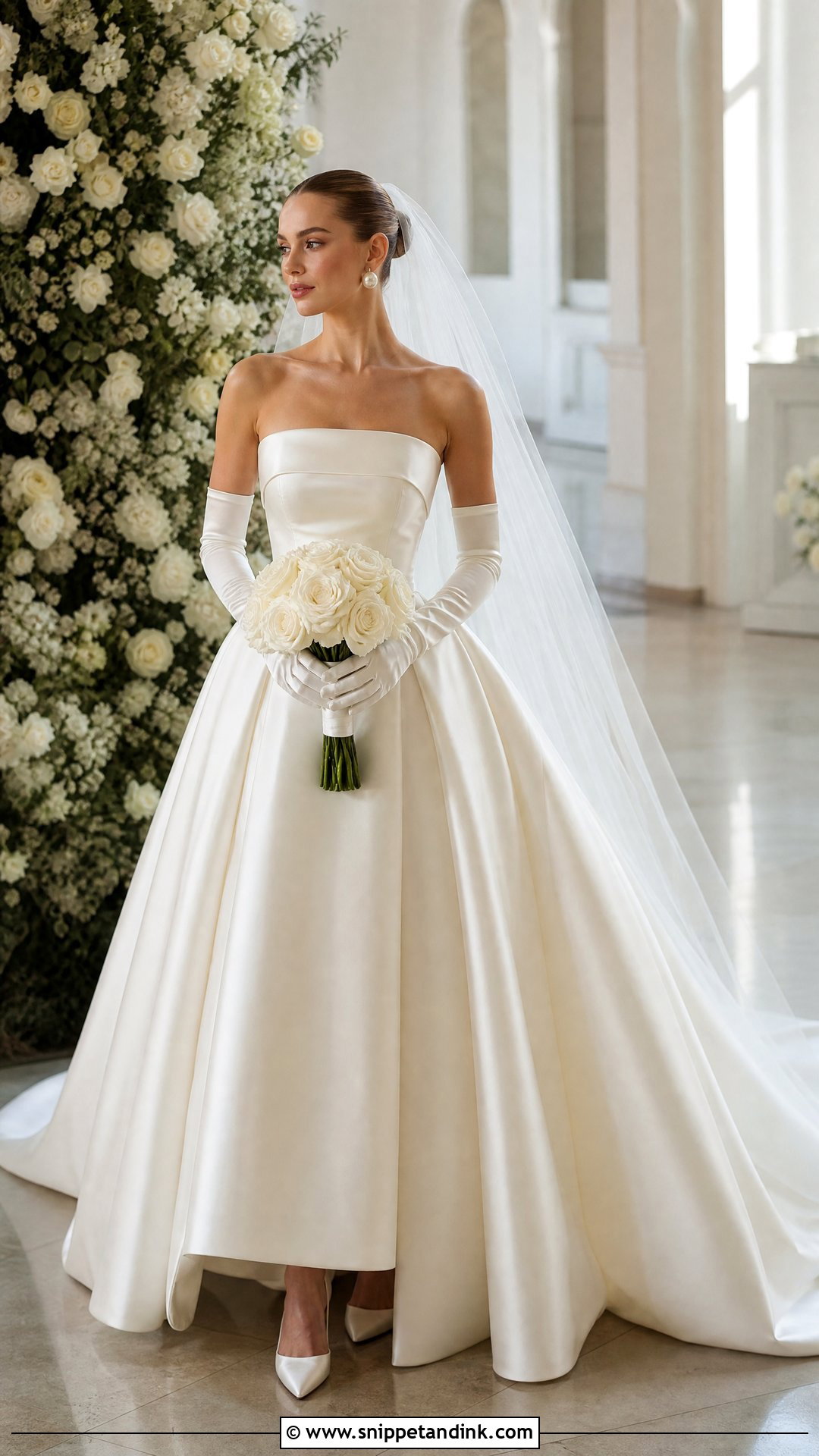 Strapless Satin Wedding Dress With Long Satin Gloves - Snippet and Ink - 20 Wedding Dress with Long Gloves Ideas