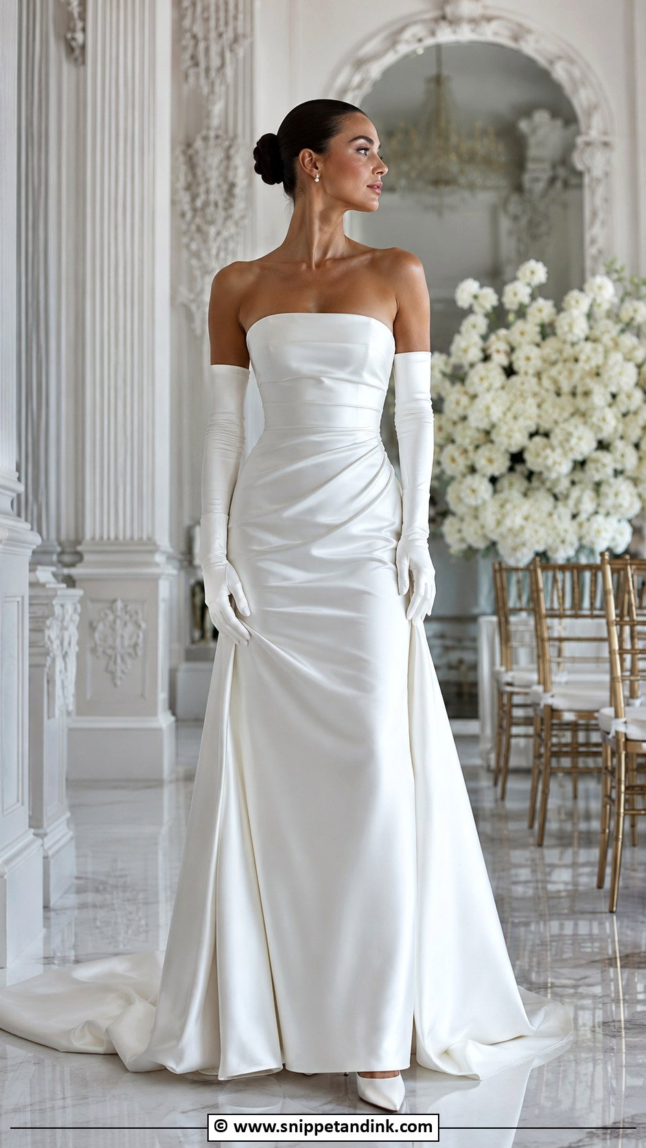 Strapless Satin Wedding Dress With Opera Gloves - Snippet and Ink - 30 Wedding Dress with Gloves Ideas