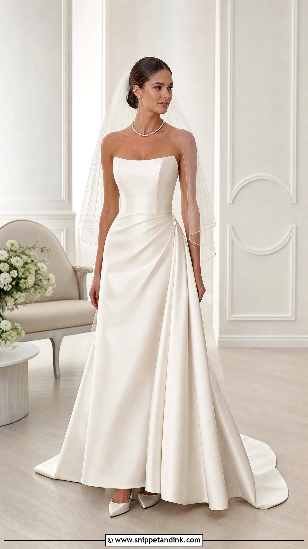 Strapless Satin Wedding Dress With Single Strand Pearl Necklace - Snippet and Ink - 20 Pearl Necklace Wedding Dress Ideas