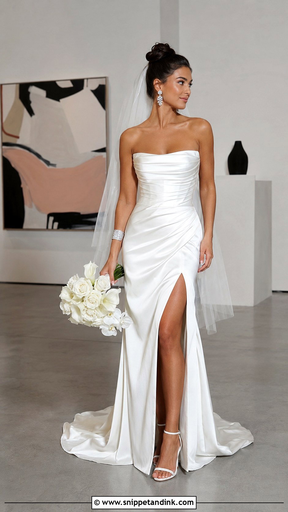 Strapless Satin Wedding Dress With Slit - Snippet and Ink - 20 David’s Bridal Wedding Dresses