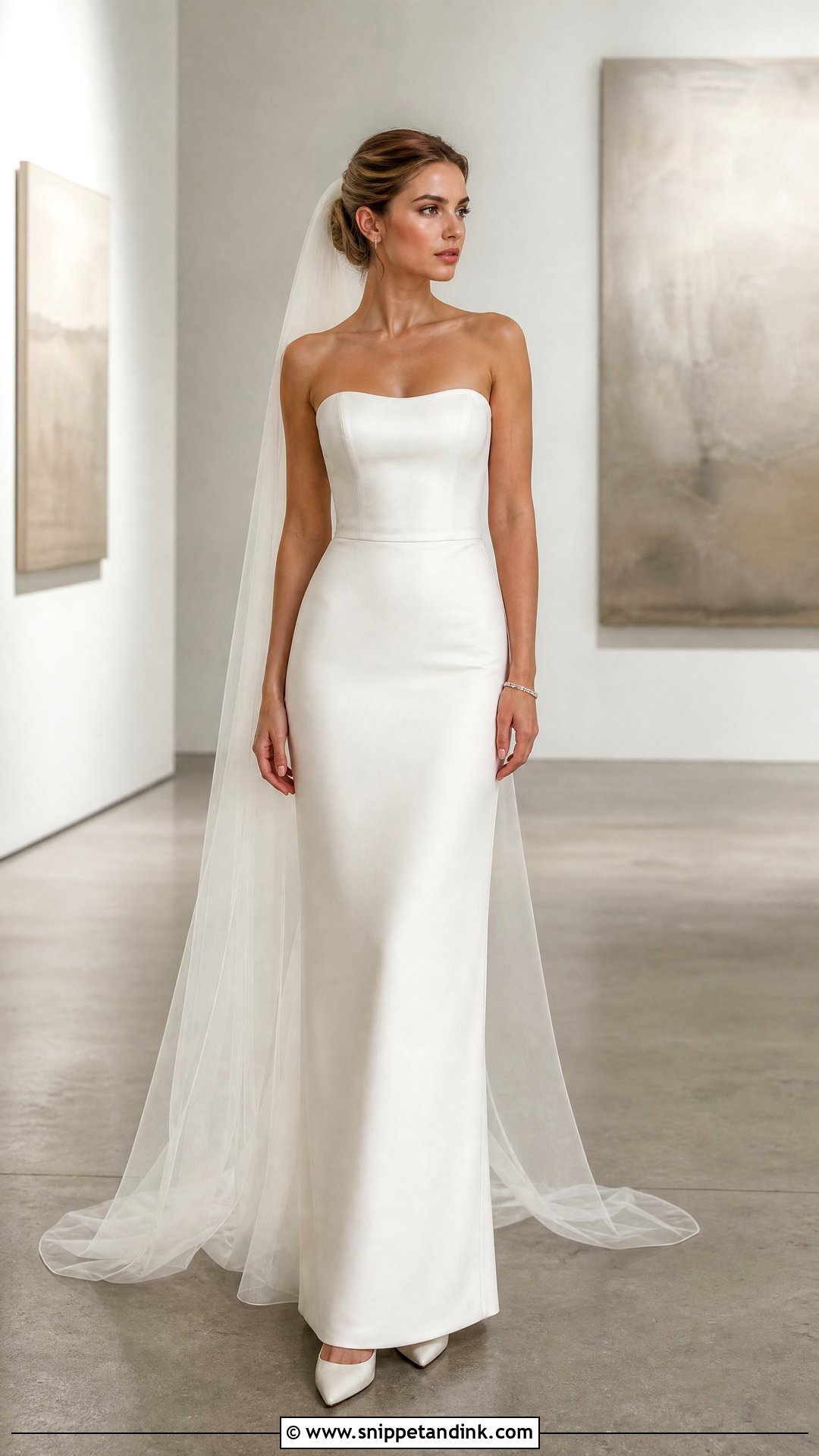 Strapless Sheath Wedding Dress With Long Veil - Snippet and Ink - 20 Sleek Wedding Dresses