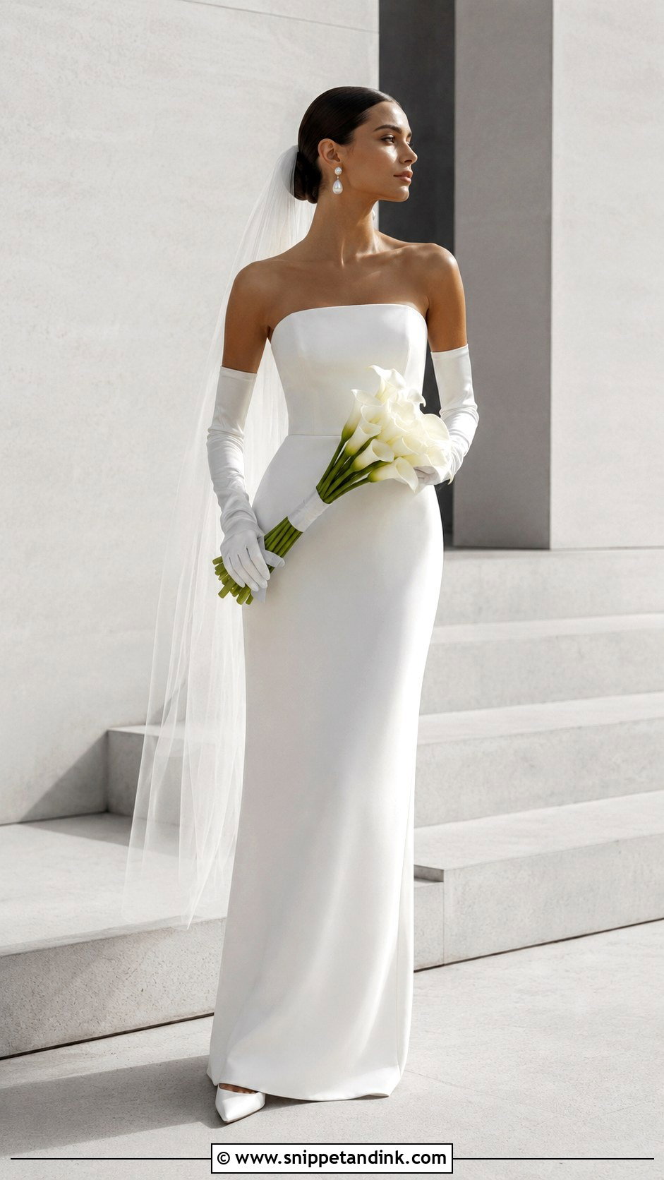 Strapless Straight Neck Wedding Dress With Satin Gloves - Snippet and Ink - 20 Strapless Wedding Dress with Gloves Ideas