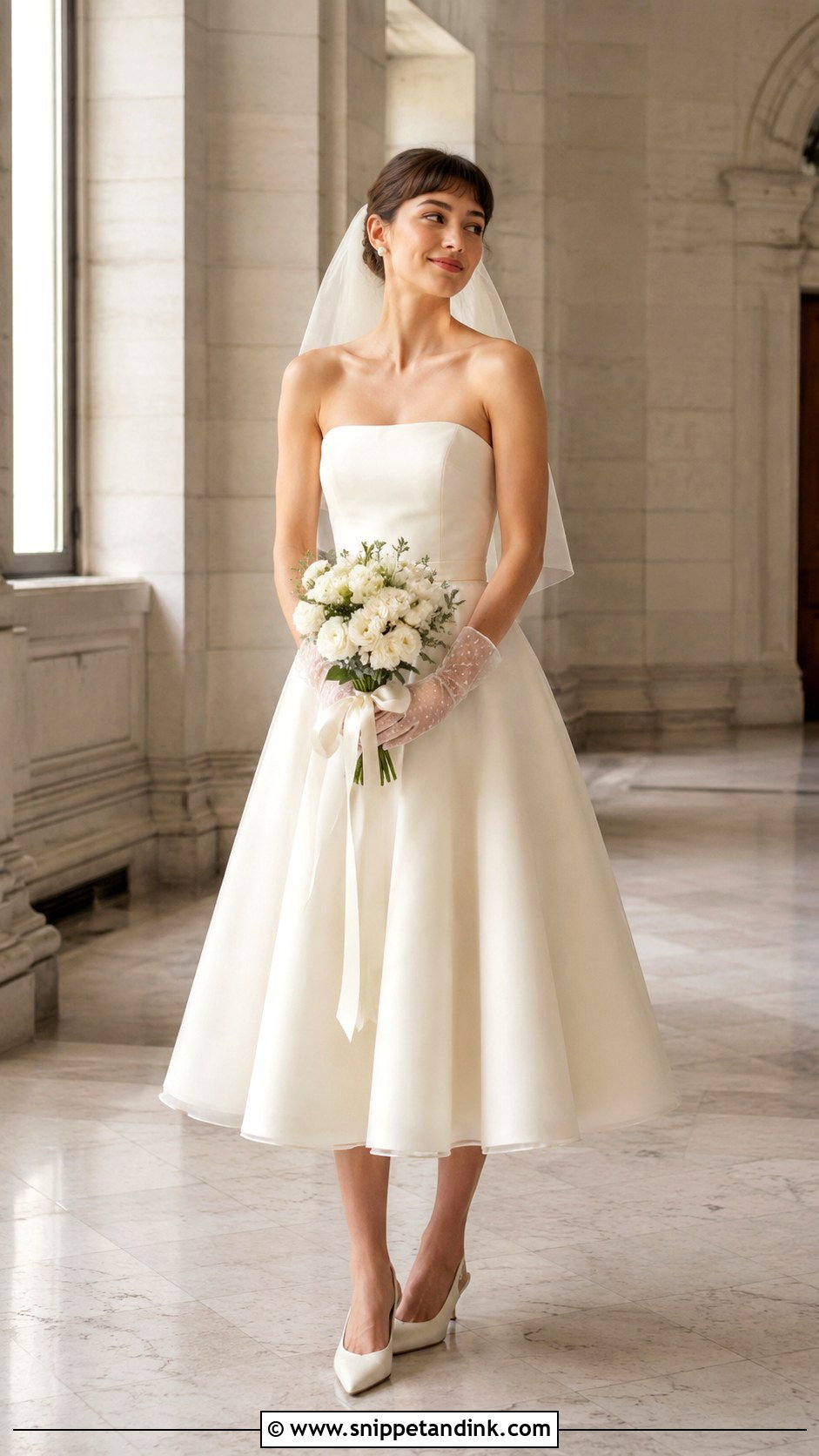 Strapless Tea Length Wedding Dress With Short Gloves - Snippet and Ink - 20 Strapless Wedding Dress with Gloves Ideas