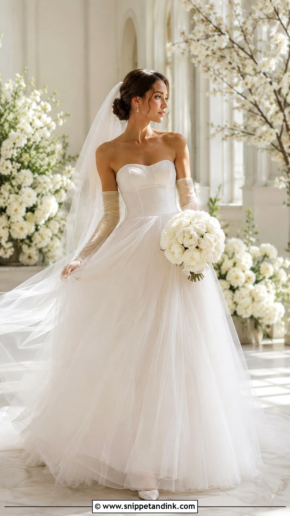 Strapless Tulle Ball Gown With Transparent Gloves - Snippet and Ink - 20 Strapless Wedding Dress with Gloves Ideas