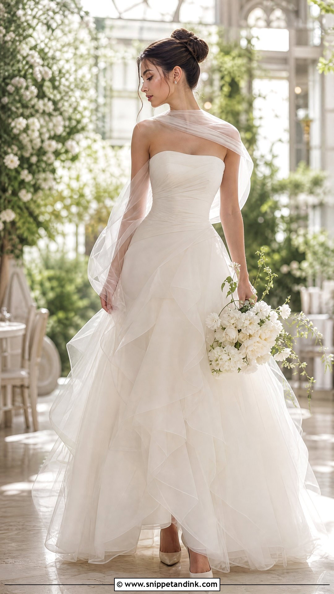 Strapless Tulle Wedding Dress With Organza Scarf - Snippet and Ink - 20 Strapless Wedding Dress with Scarf Ideas