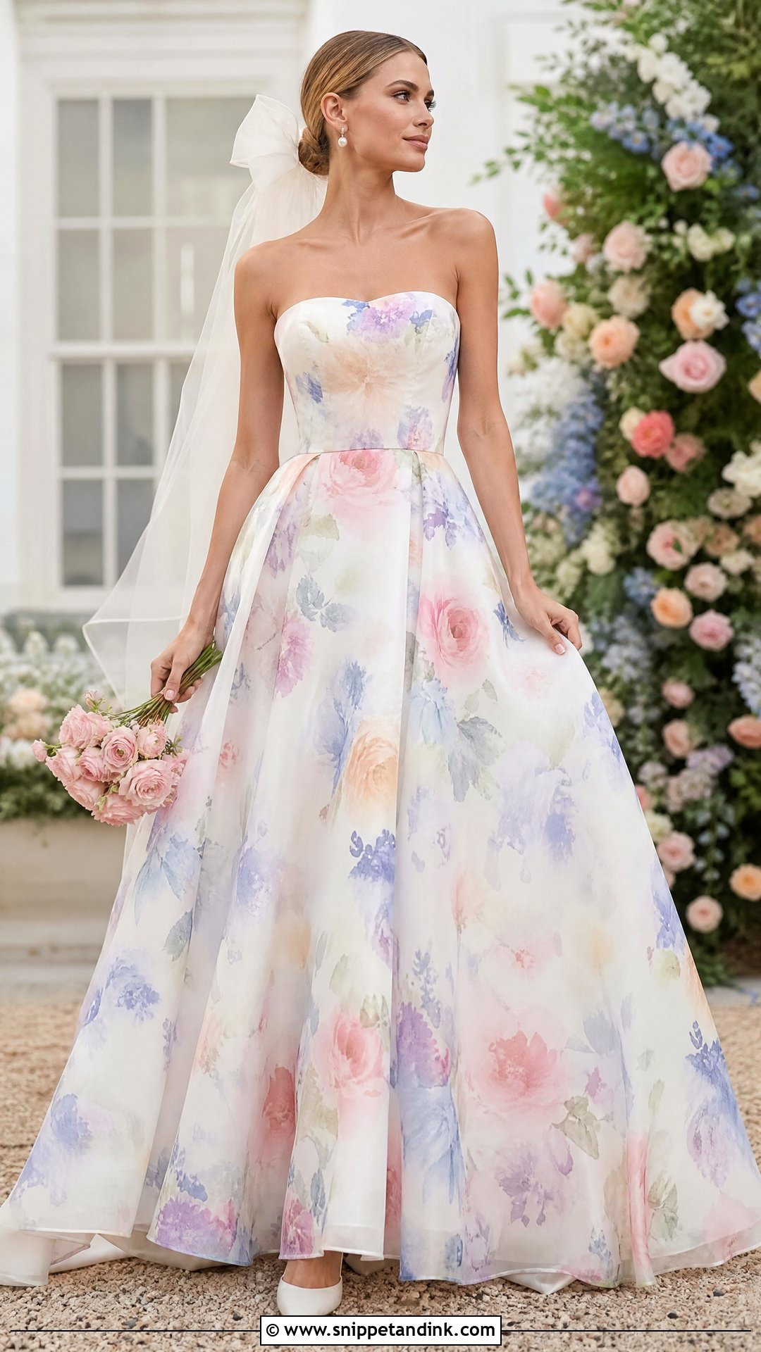 Strapless Watercolor Floral Bridal Dress - Snippet and Ink - 25 Floral Bridal Dress Ideas
