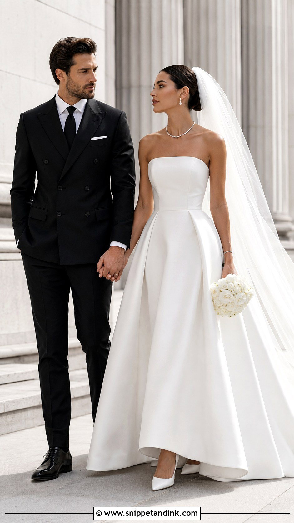 Strapless Wedding Dress And Double Breasted Suit Wedding Couple Outfit - Snippet and Ink - 25 Wedding Couple Outfits