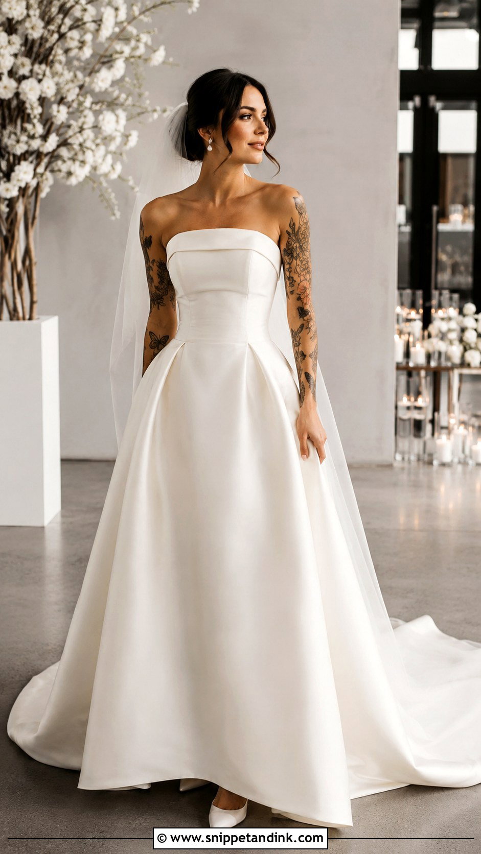 Strapless Wedding Dress With Arm Tattoos - Snippet and Ink - 25 Wedding Dress with Tattoos Ideas