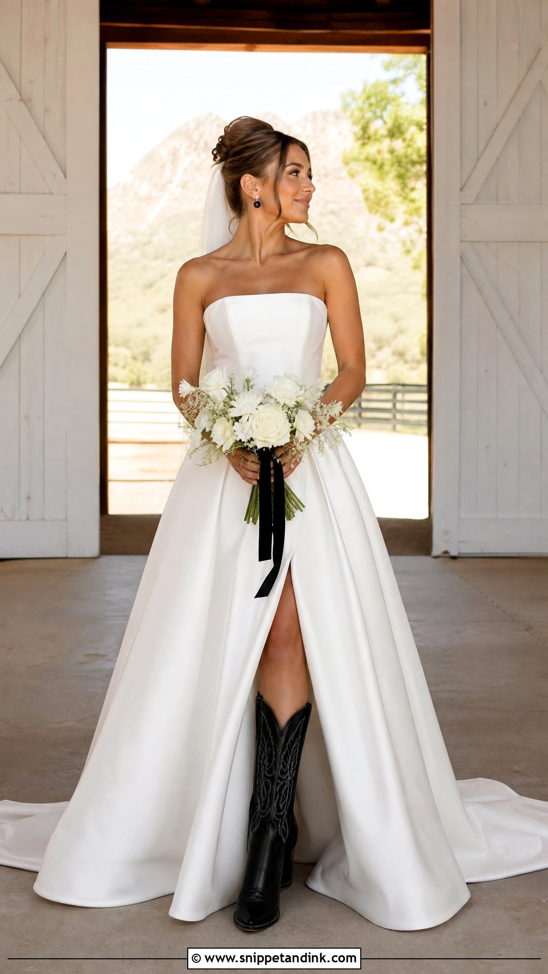 Strapless Wedding Dress With Black Cowboy Boots - Snippet and Ink - 20 Wedding Cowboy Boots for Bride Ideas