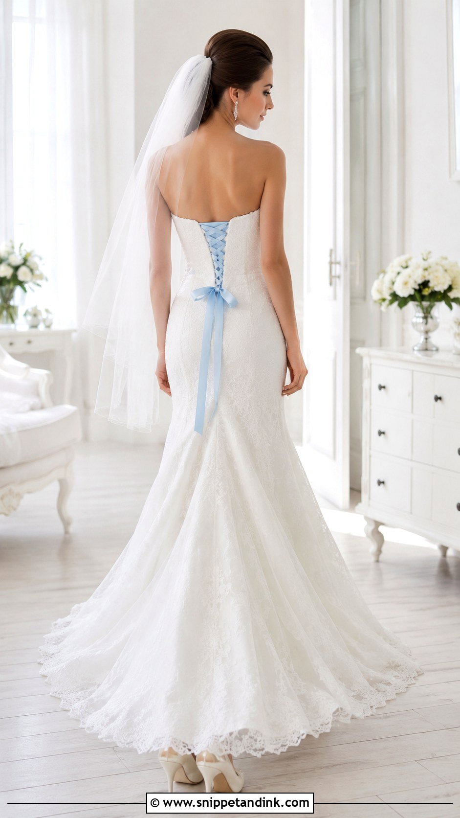 Strapless Wedding Dress With Blue Corset Back - Snippet and Ink - 25 Wedding Dress with Blue Accents Ideas