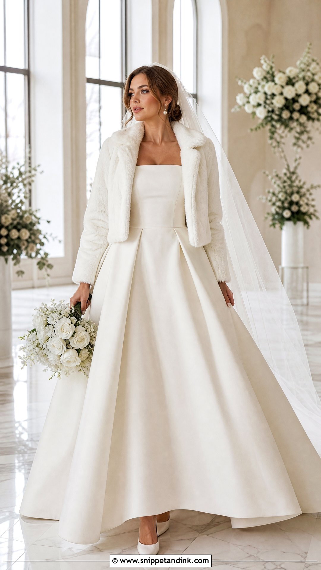 Strapless Wedding Dress With Cropped Fur Coat - Snippet and Ink - 20 Wedding Dress with Fur Coat Ideas