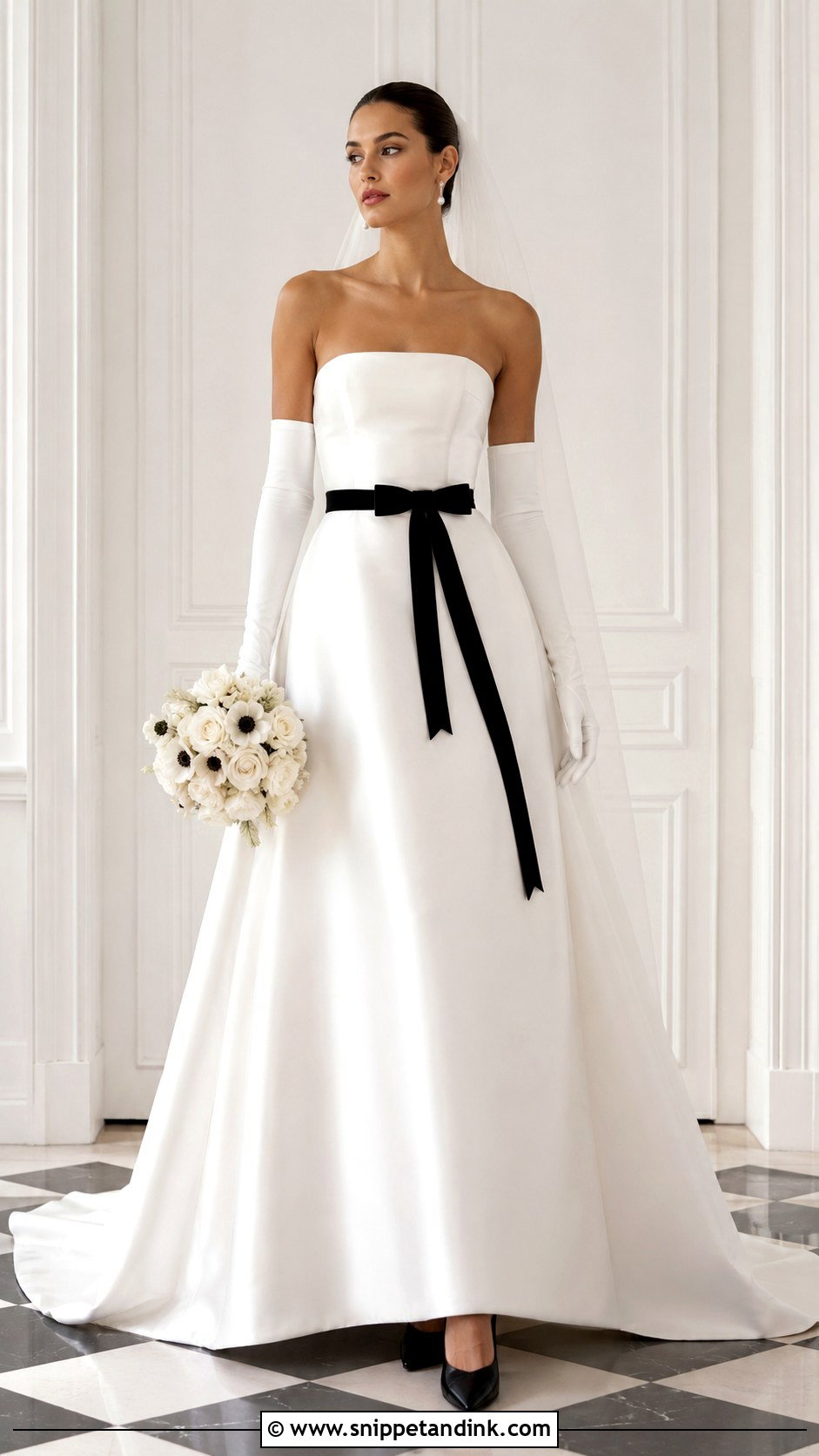 Strapless Wedding Dress With Gloves And Black Bow - Snippet and Ink - 20 Strapless Wedding Dress with Gloves Ideas