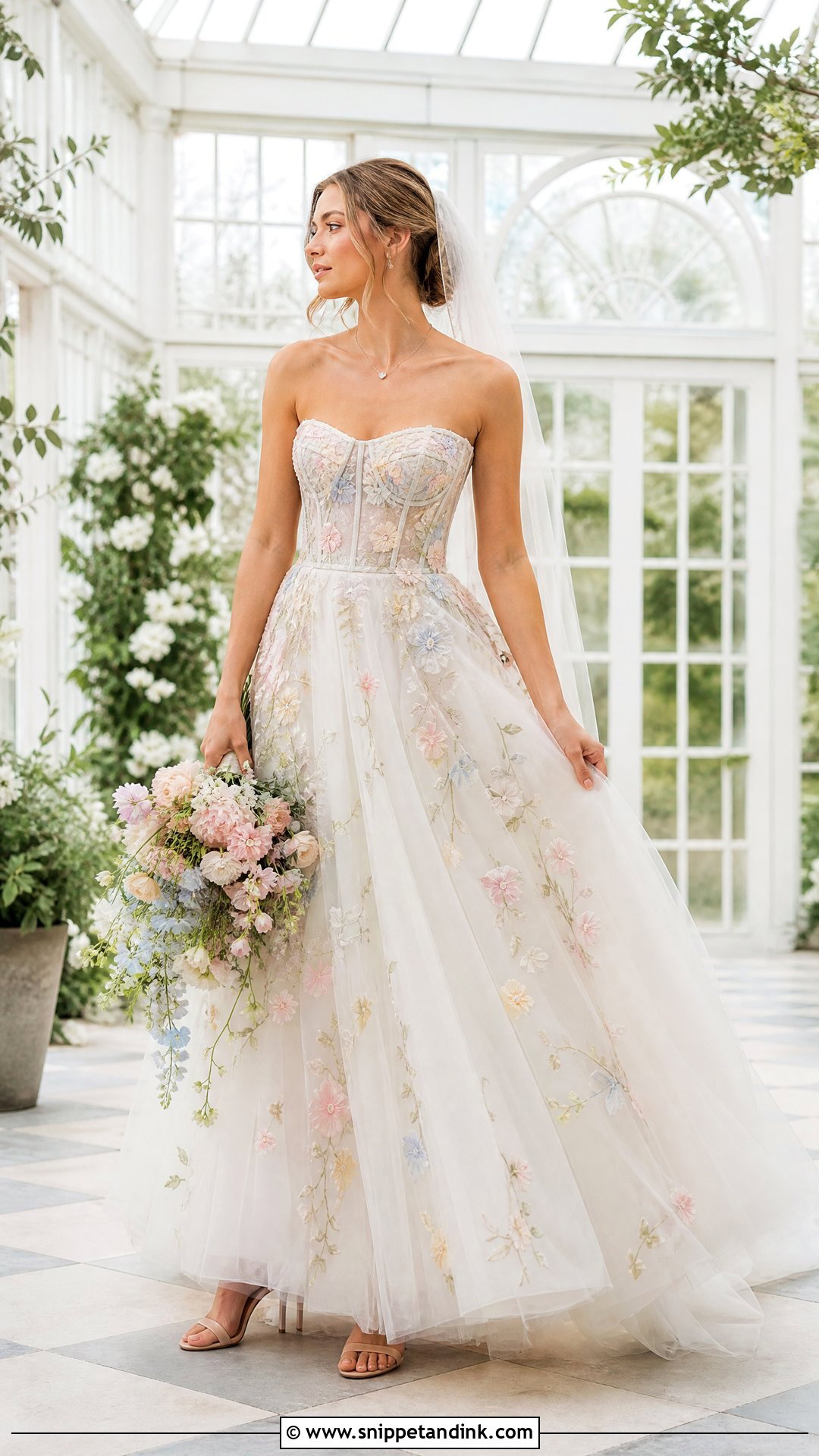 Strapless Wedding Dress With Pastel Floral Embroidery - Snippet and Ink - 20 Wedding Dress with Embroidered Flowers