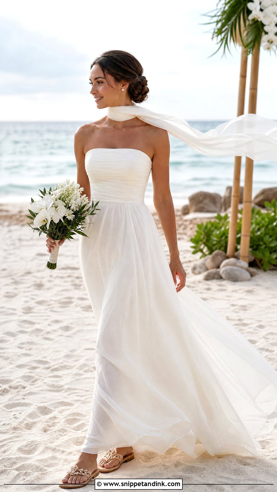 Strapless Wedding Dress With Scarf for a Beach Wedding - Snippet and Ink - 20 Strapless Wedding Dress with Scarf Ideas