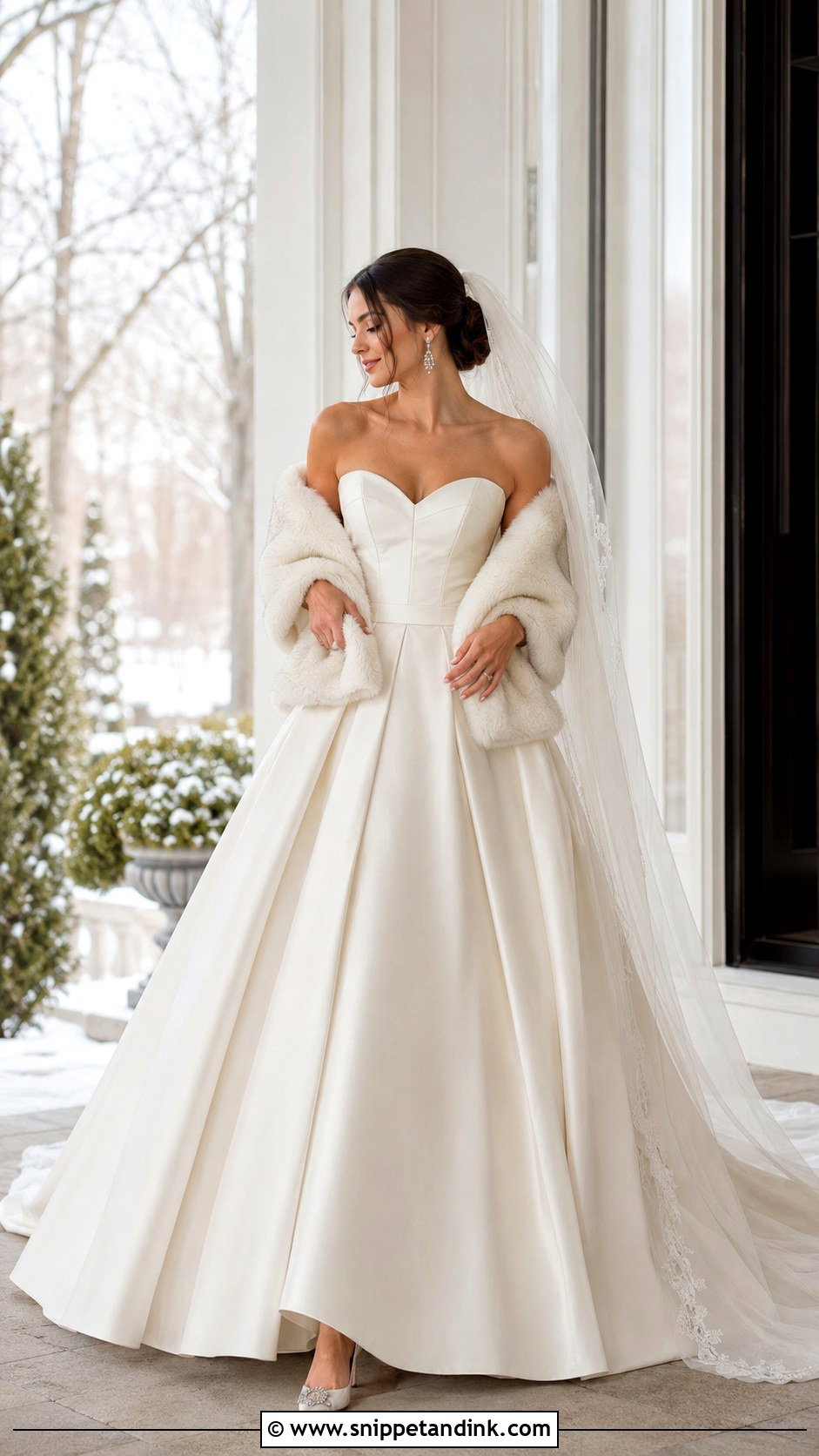 Strapless Winter Bridal Gown With Faux Fur Stole - Snippet and Ink - 20 Winter Bridal Outfit Ideas