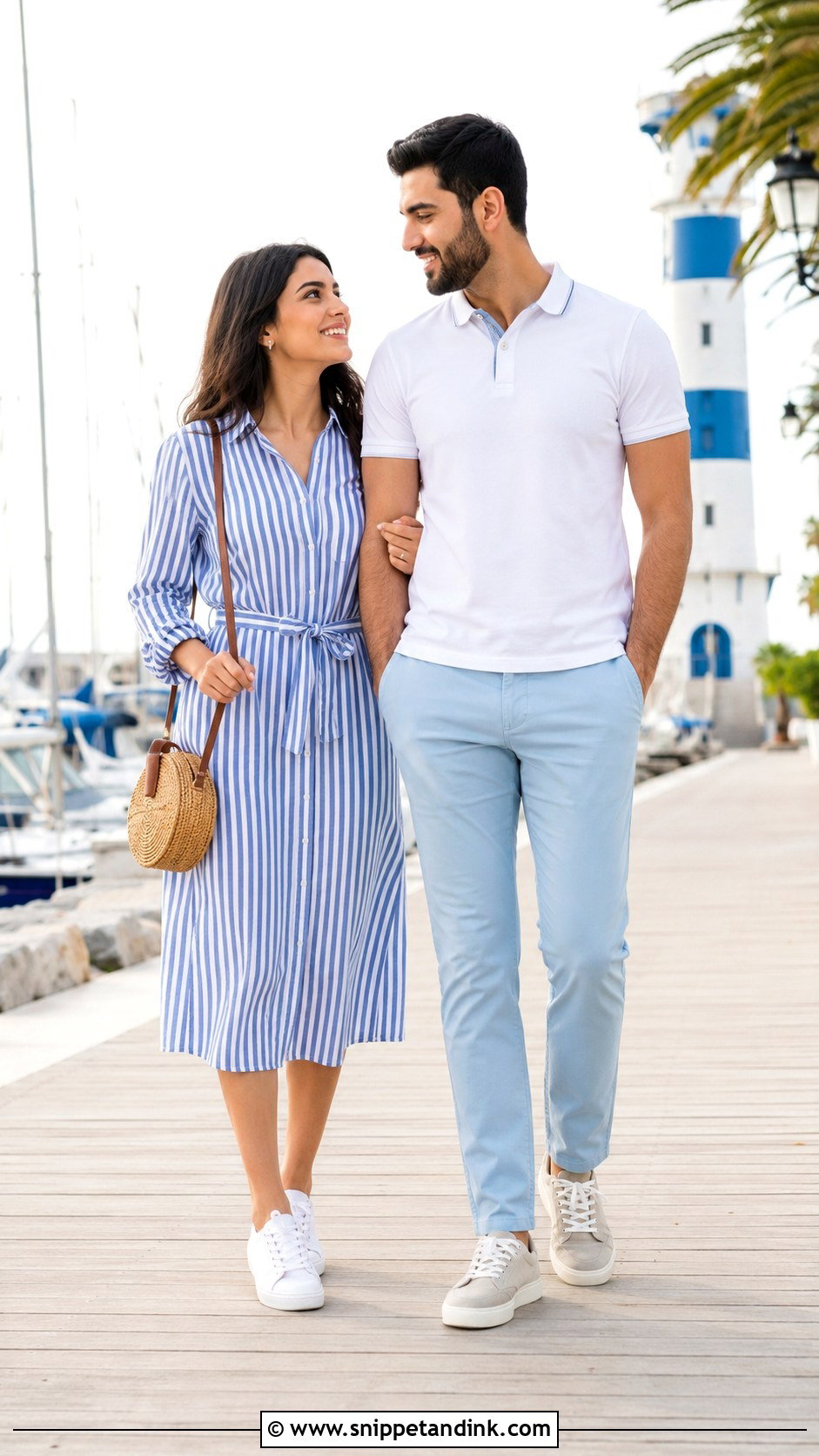 Striped Shirt Dress And Blue Chino Outfit - Snippet and Ink - 20 Beach Pre Wedding Shoot Outfit Ideas