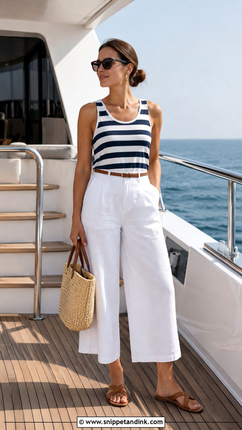 Striped Tank And White Wide Leg Pants Boat Party Outfit - Snippet and Ink - 20 Bachelorette Boat Party Outfit Ideas