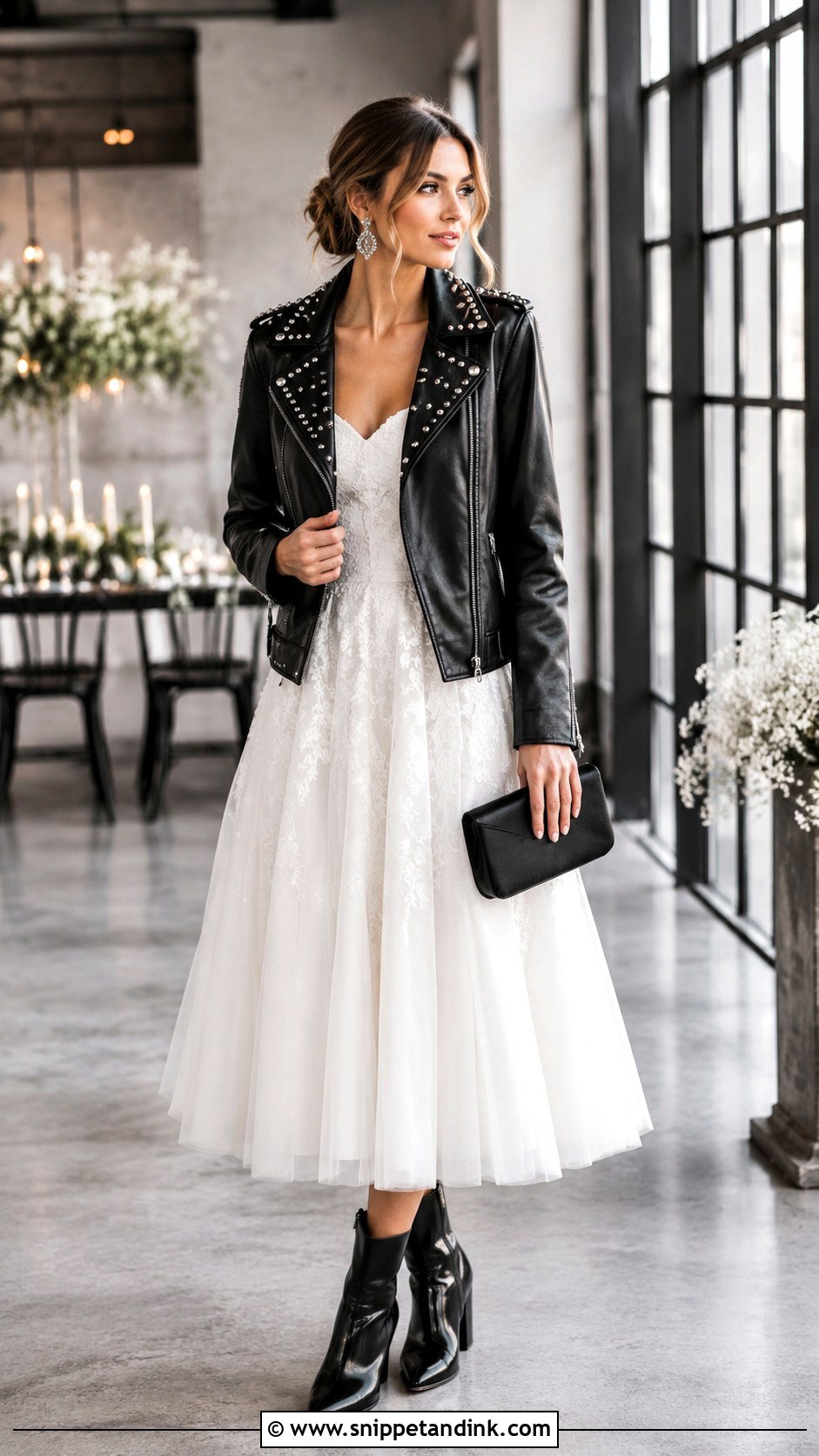 Studded Black Bride Leather Jacket With Tea Length Dress - Snippet and Ink - 20 Bride Leather Jacket Ideas