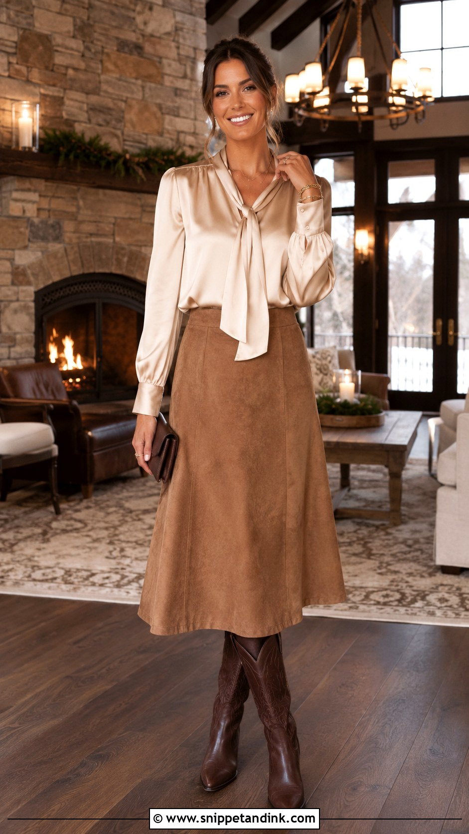 Suede Midi Skirt With Silk Blouse - Snippet and Ink - 20 Western Rehearsal Dinner Outfit Ideas
