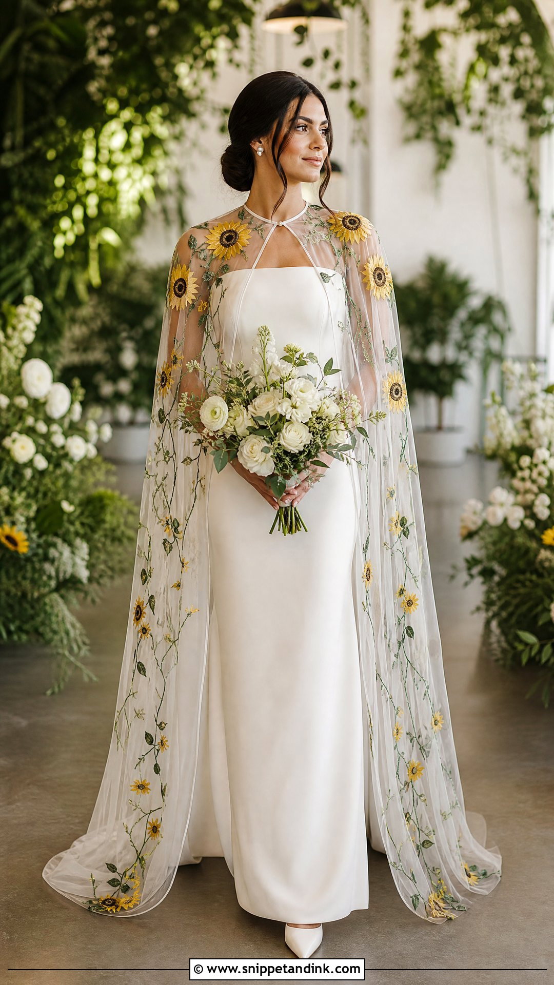 Sunflower Wedding Dress With Floral Cape - Snippet and Ink - 25 Sunflower Wedding Dress Ideas