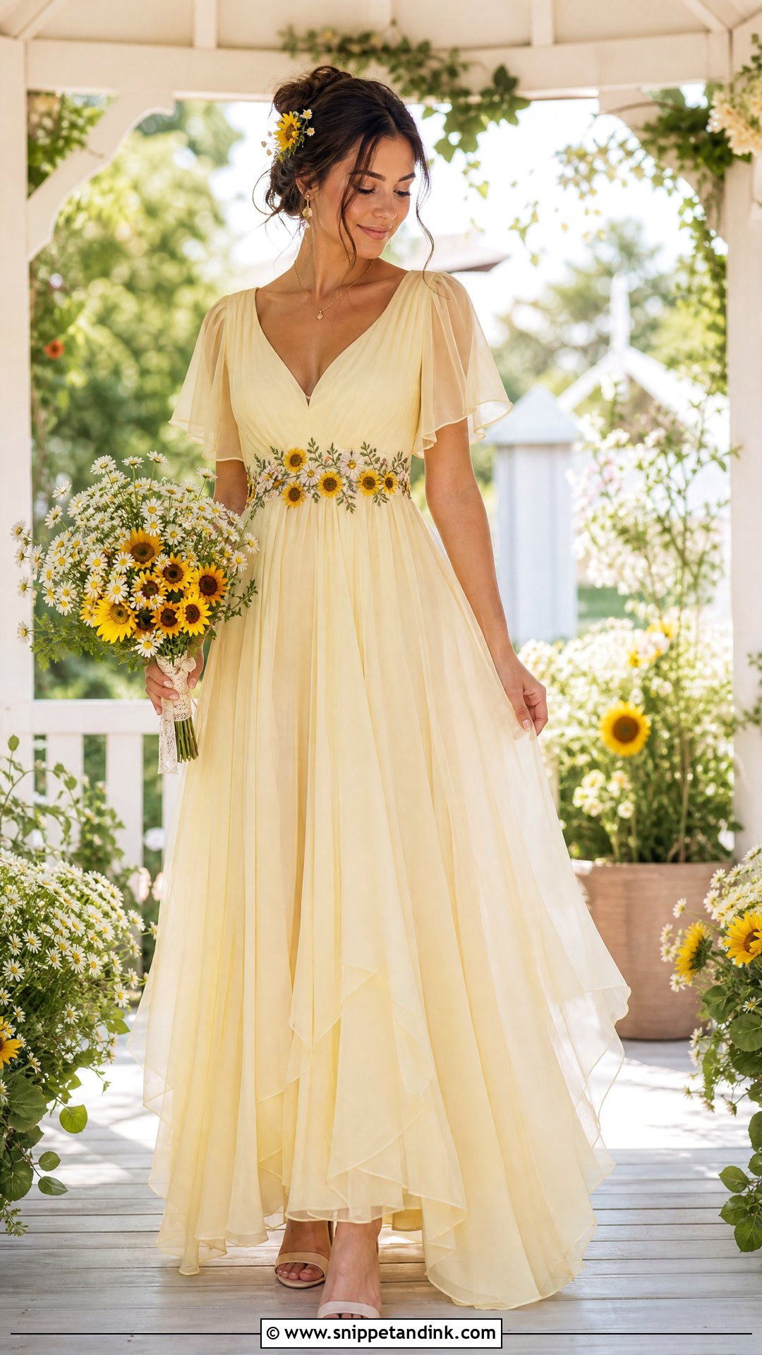 Sunflower Wedding Dress With Flutter Sleeves - Snippet and Ink - 25 Sunflower Wedding Dress Ideas