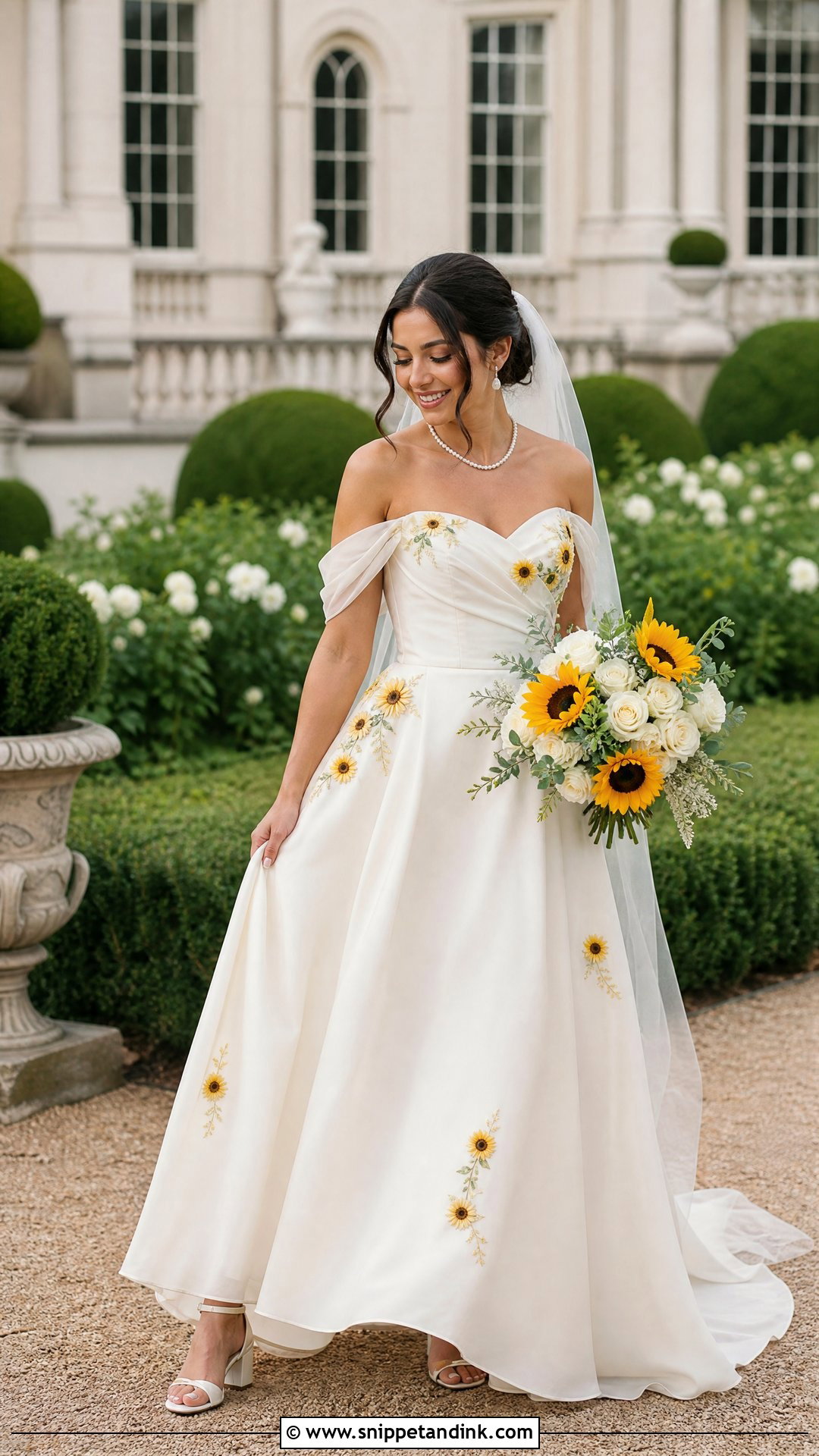 Sunflower Wedding Dress With Off Shoulder Sleeves - Snippet and Ink - 25 Sunflower Wedding Dress Ideas