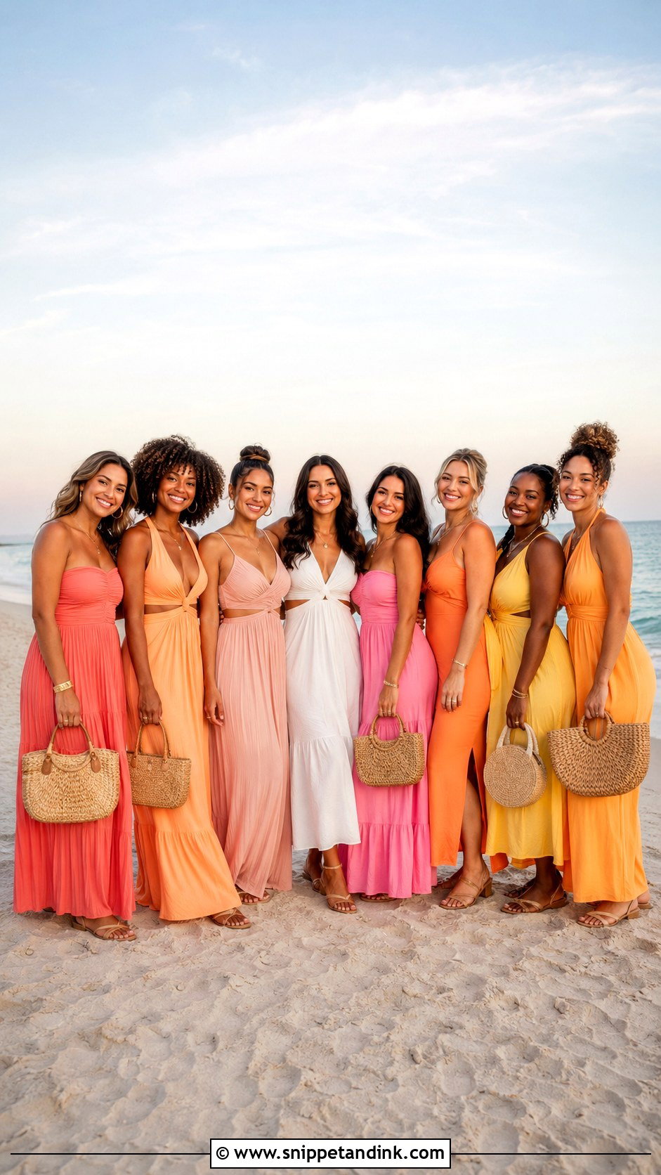 Sunset Color Dress Beach Bachelorette Outfit - Snippet and Ink - 20 Beach Bachelorette Party Outfit Ideas