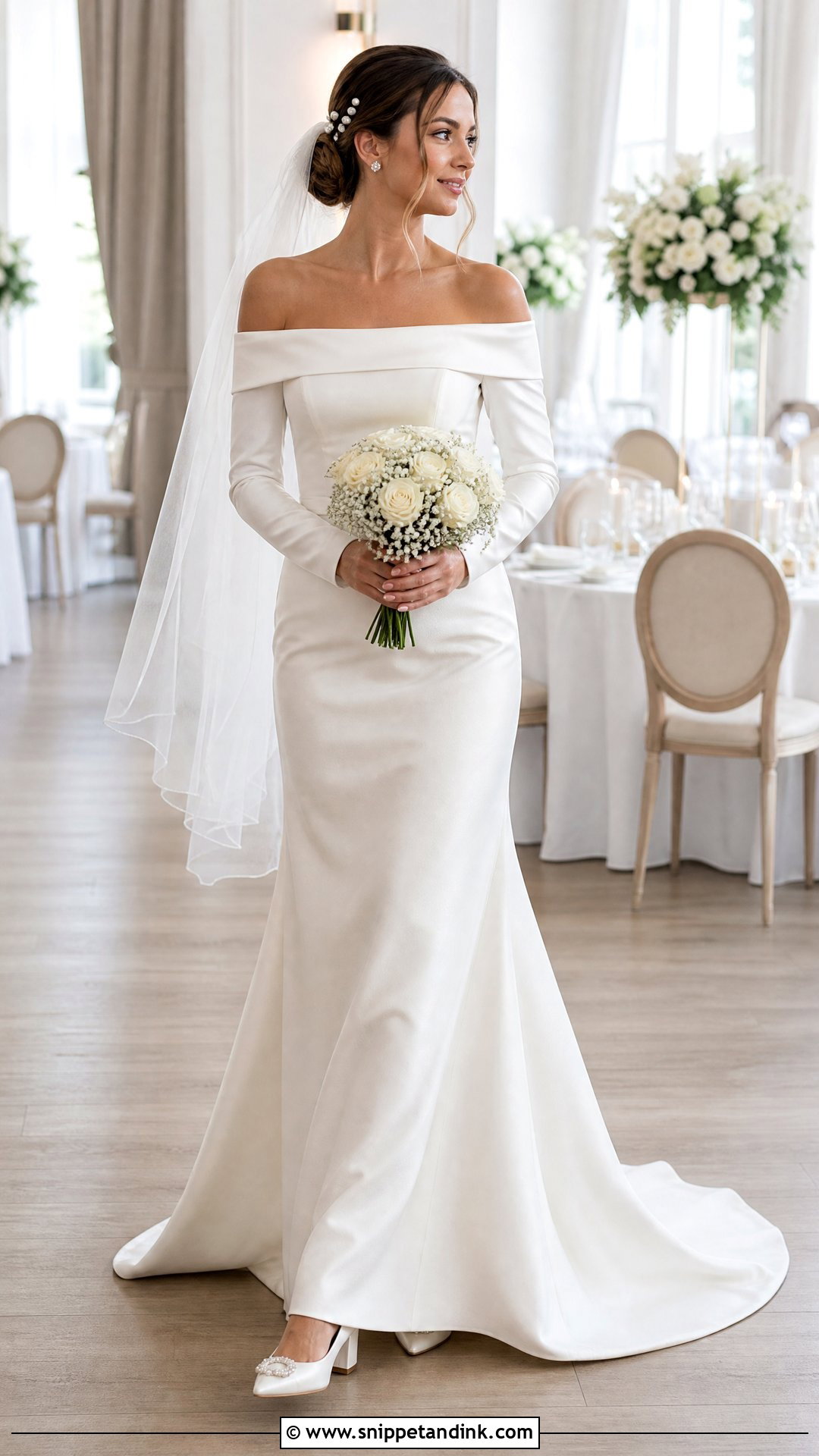 Sweep Train Off the Shoulder Wedding Dress - Snippet and Ink - 20 Simple Long Wedding Dress with Off the Shoulder Sleeves