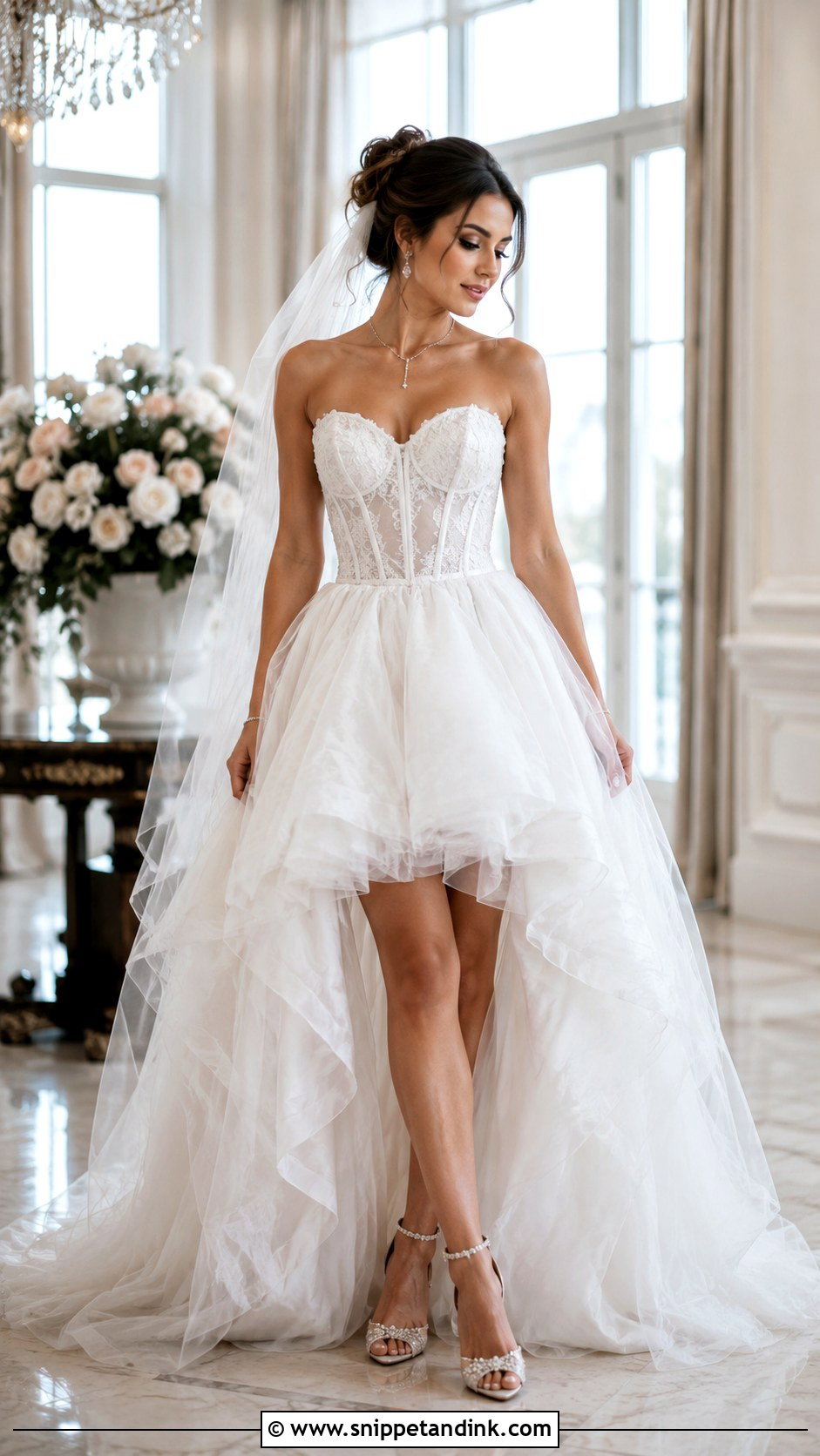 Sweetheart Corset Hi Low Wedding Dress With Embellished Heels - Snippet and Ink - 20 Hi Low Wedding Dress Ideas