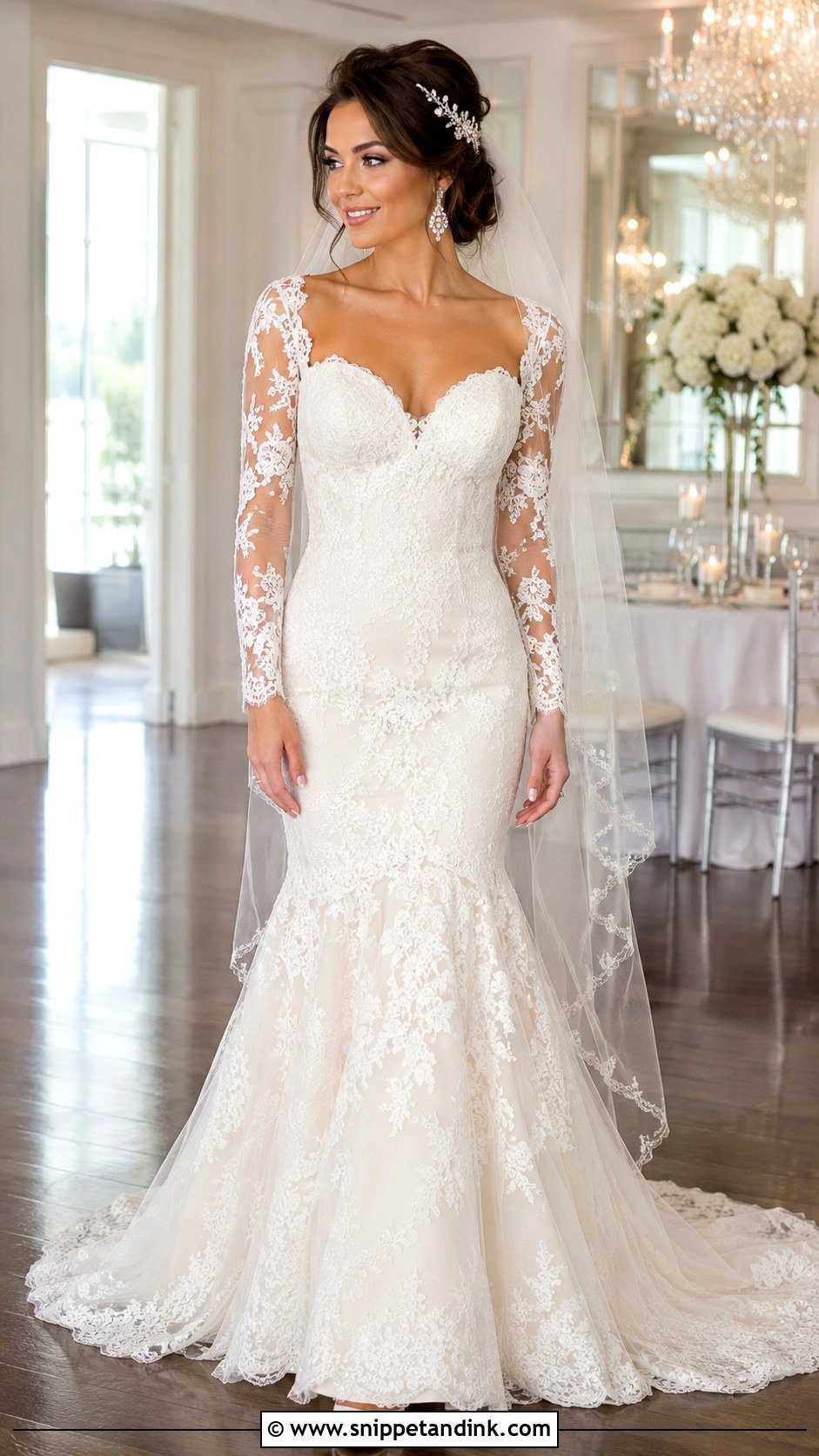 Sweetheart Lace Mesh Sleeve Fit And Flare Wedding Dress - Snippet and Ink - 20 Mesh Sleeve Wedding Dress Ideas