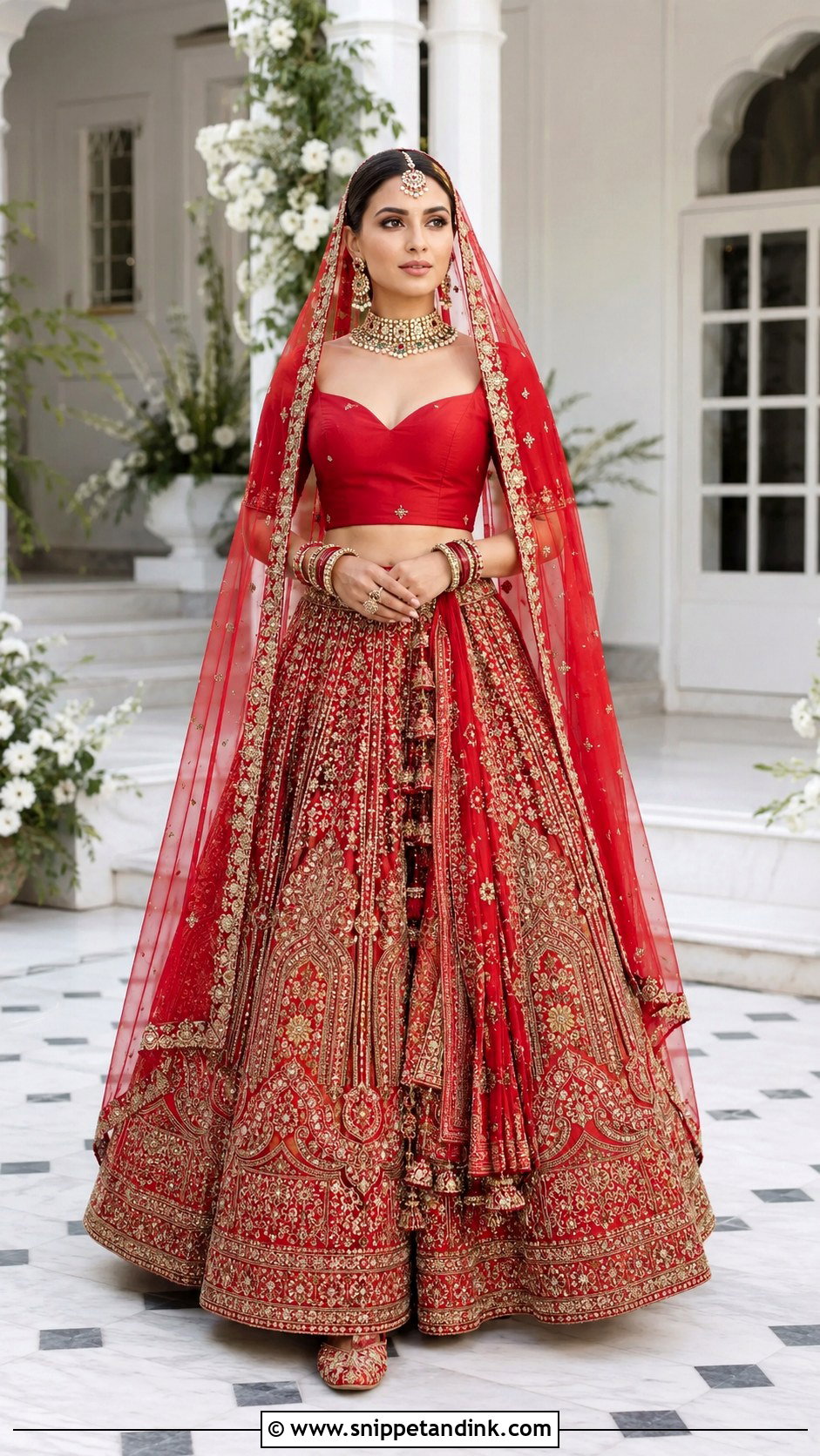 Sweetheart Neck Red Bridal Blouse With Lehenga - Snippet and Ink - 20 Red Bridal Blouse Ideas