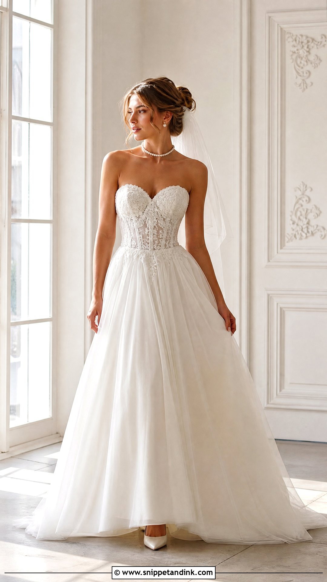 Sweetheart Wedding Dress With Pearl Choker - Snippet and Ink - 20 Pearl Necklace Wedding Dress Ideas