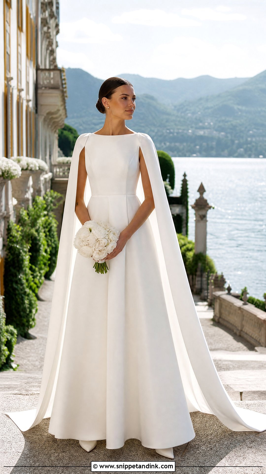 Swiss Satin Cape Wedding Dress - Snippet and Ink - 20 European Wedding Dress Ideas
